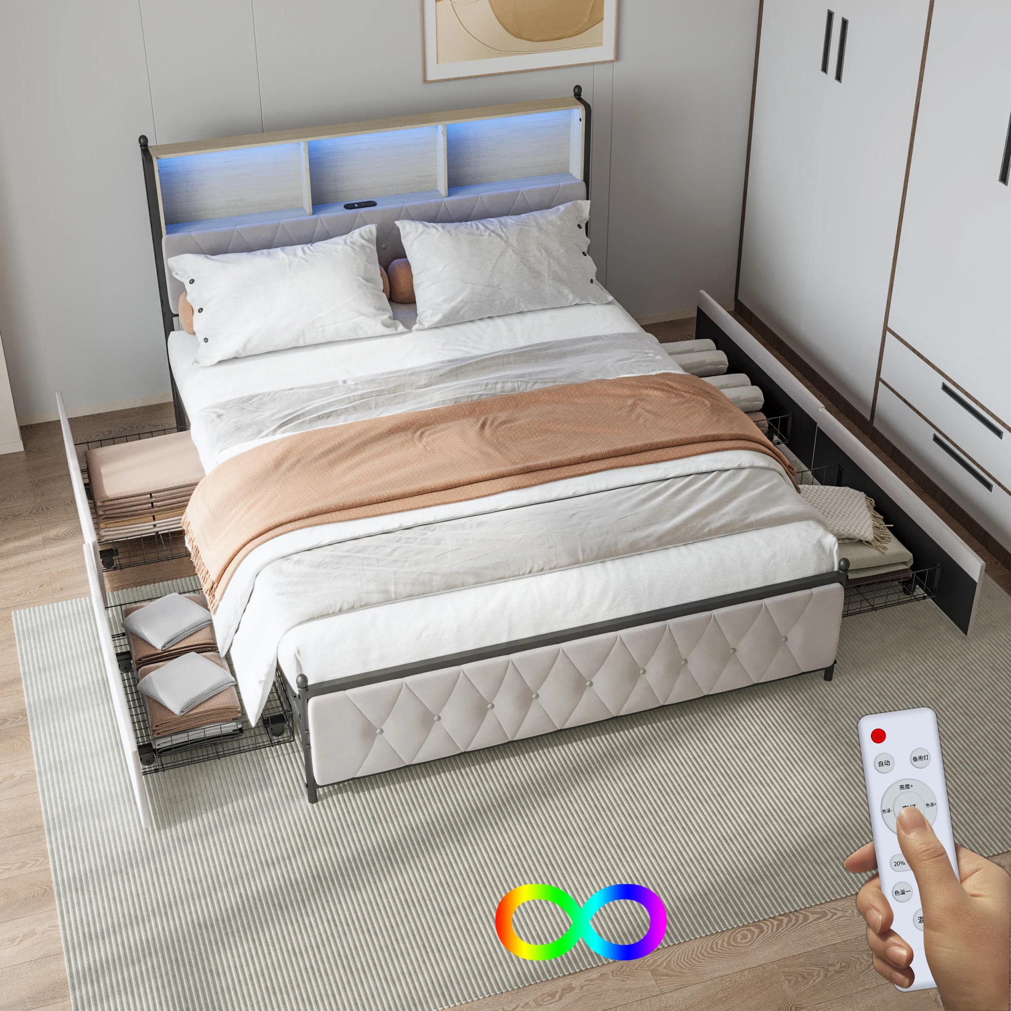Anajqaqia 160x200cm Upholstered Double Bed with 4 Drawer Storage Space, with LED Light and USB Charging Port, Velvet, Beige