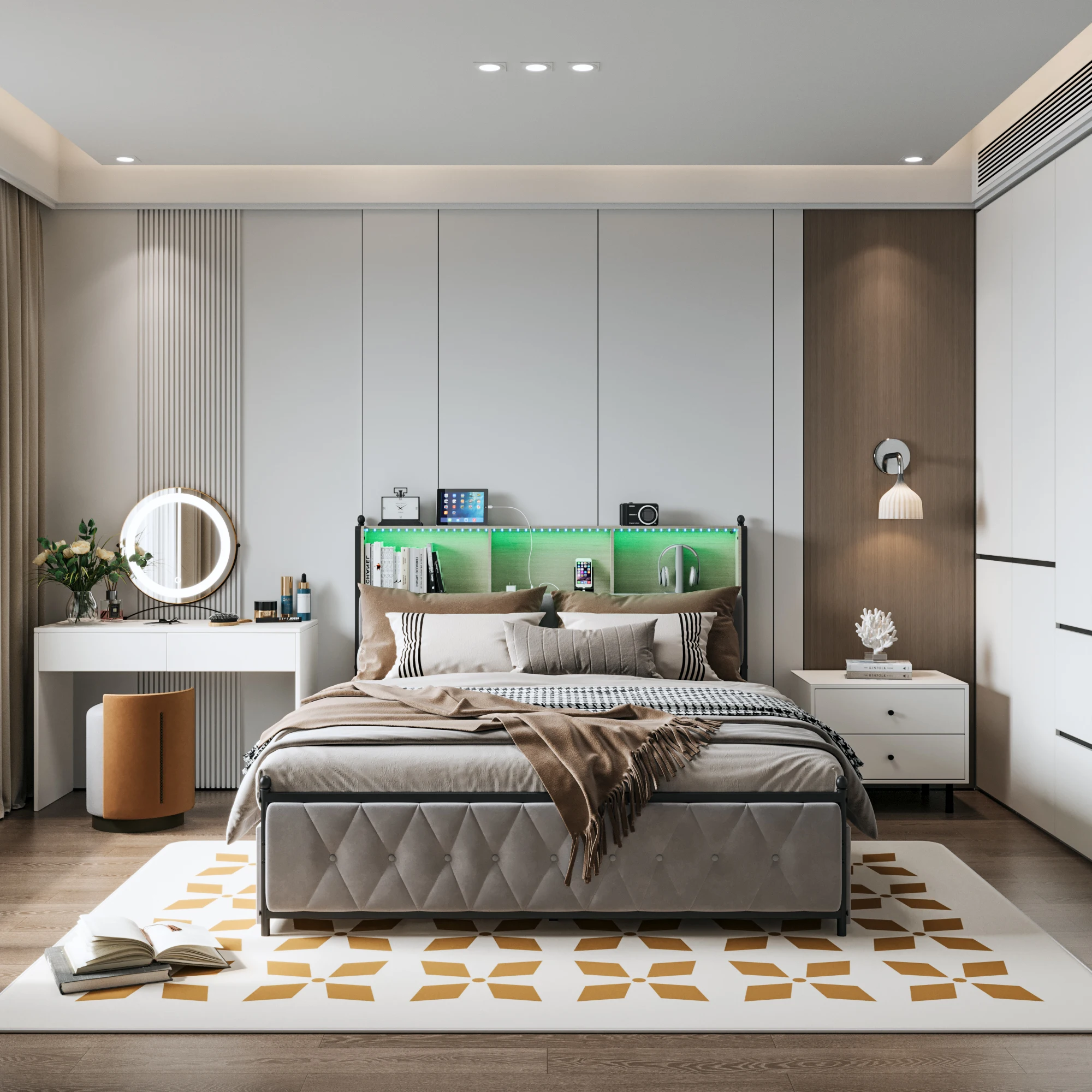 Anajqaqia 160x200cm Upholstered Double Bed with 4 Drawer Storage Space, with LED Light and USB Charging Port, Velvet, Beige
