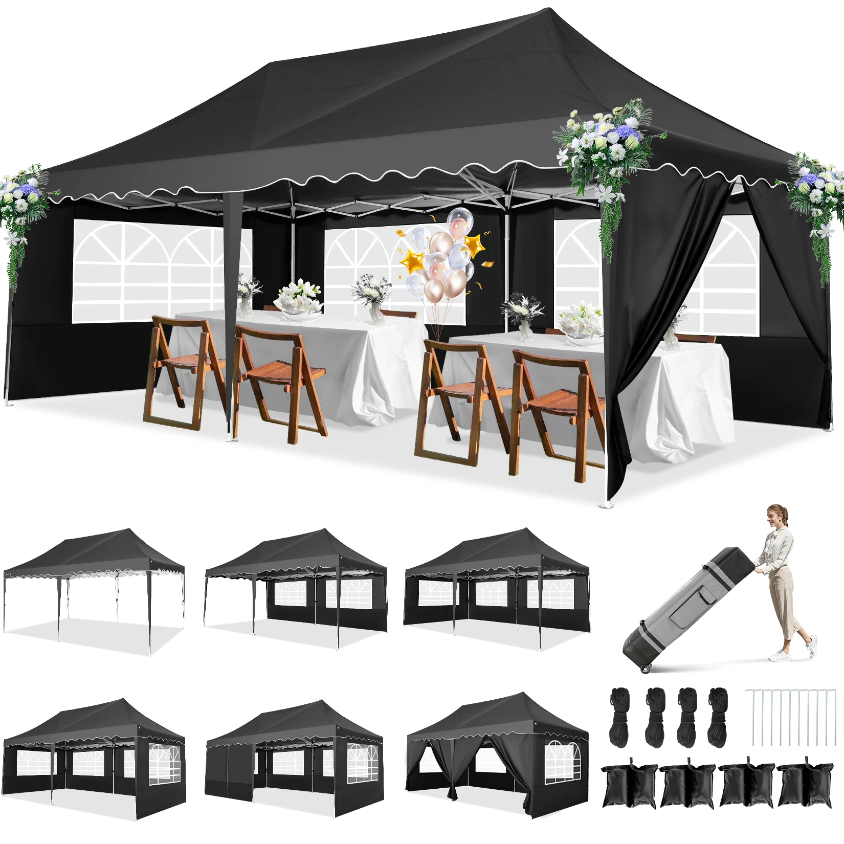 3x6m Folding Gazebo Waterproof Party Tent Anti-UV 50+ Pop Up Garden Gazebo With 6 Sidewall 4 Sandbag For Wedding Market Marquee