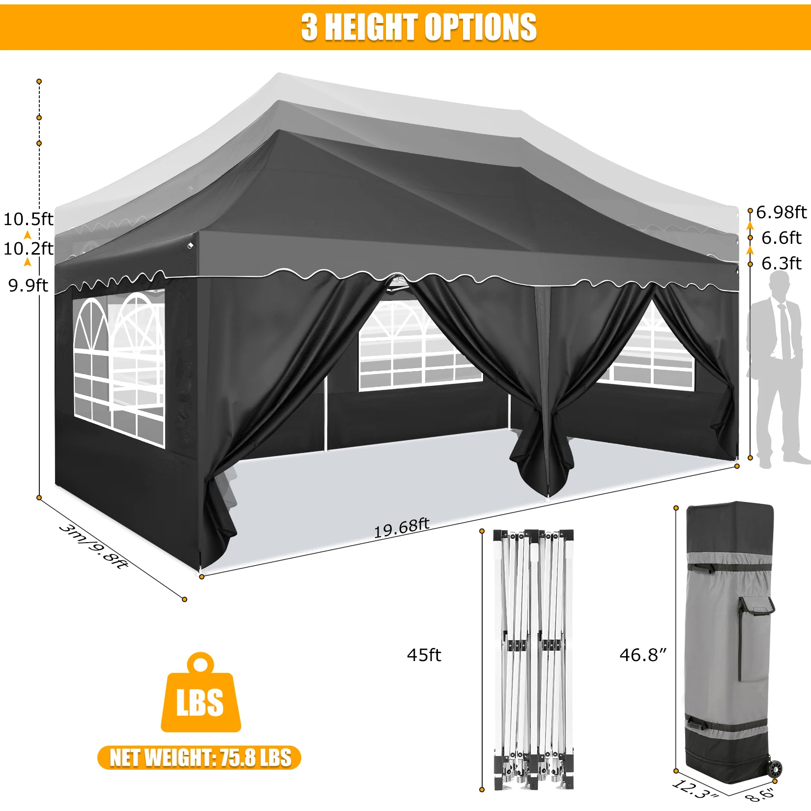 3x6m Folding Gazebo Waterproof Party Tent Anti-UV 50+ Pop Up Garden Gazebo With 6 Sidewall 4 Sandbag For Wedding Market Marquee