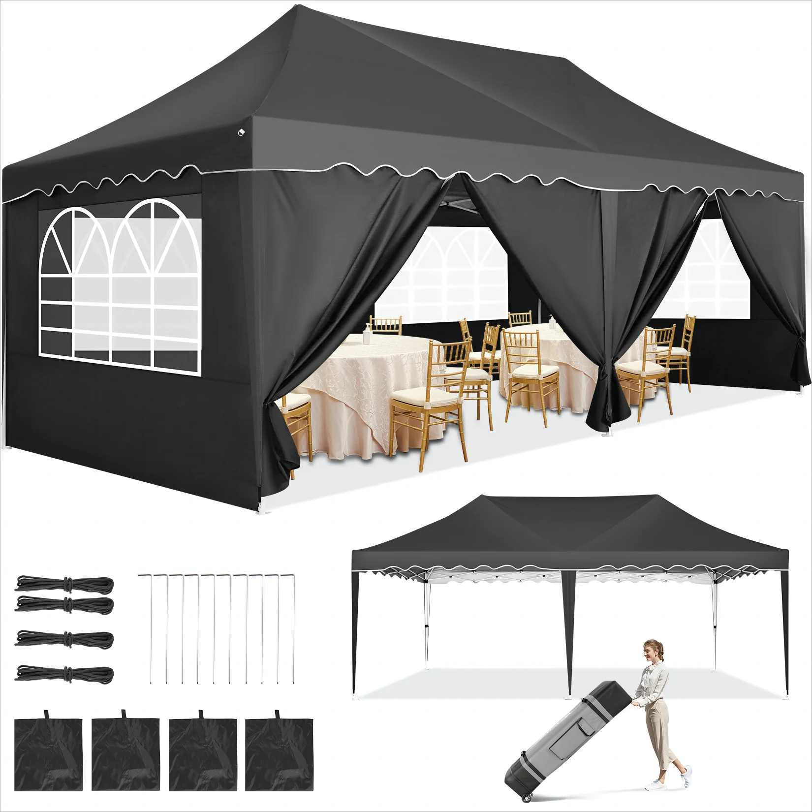 3x6m Folding Gazebo Waterproof Party Tent Anti-UV 50+ Pop Up Garden Gazebo With 6 Sidewall 4 Sandbag For Wedding Market Marquee