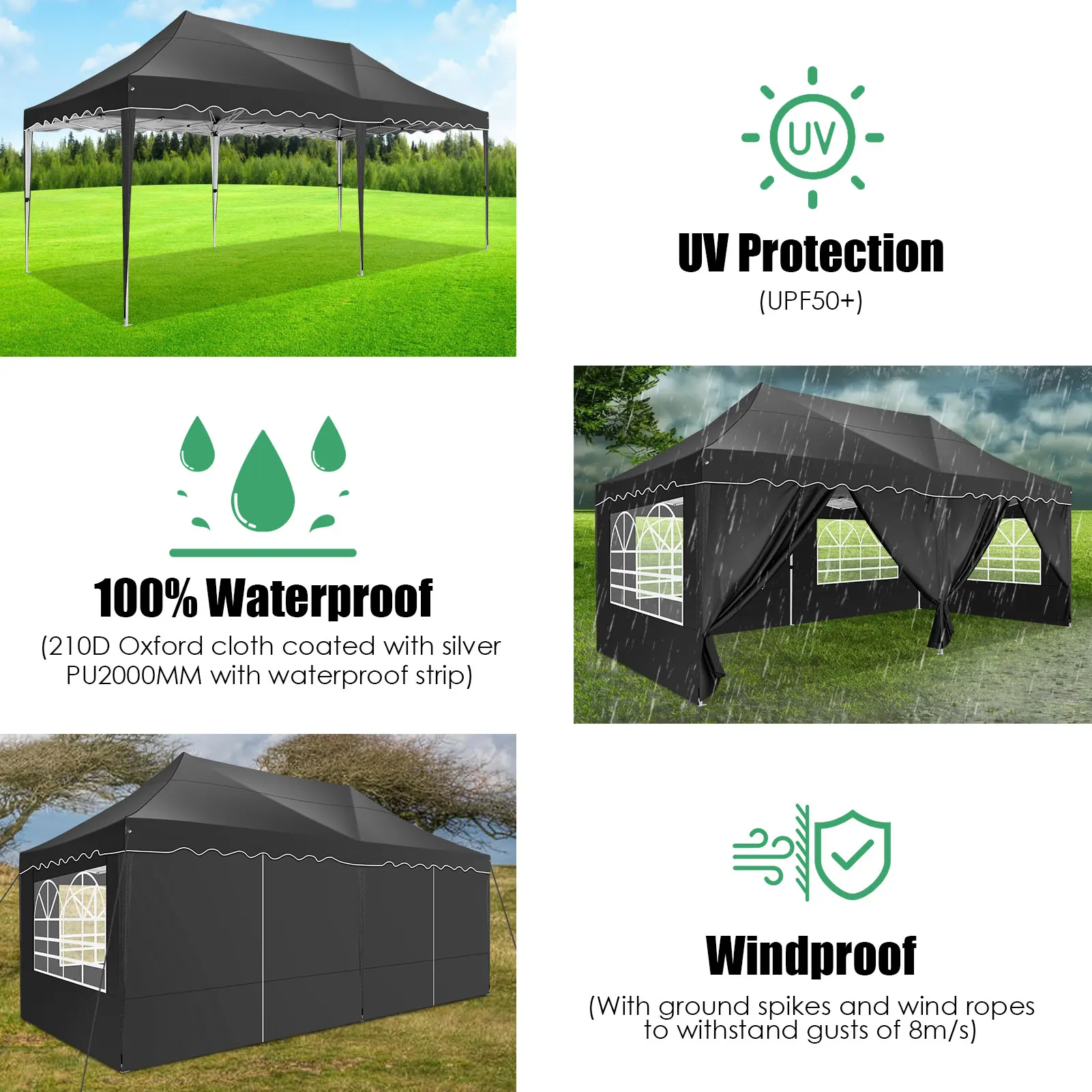 3x6m Folding Gazebo Waterproof Party Tent Anti-UV 50+ Pop Up Garden Gazebo With 6 Sidewall 4 Sandbag For Wedding Market Marquee