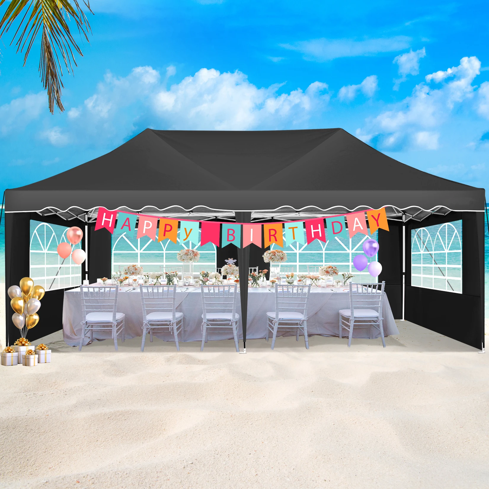 3x6m Folding Gazebo Waterproof Party Tent Anti-UV 50+ Pop Up Garden Gazebo With 6 Sidewall 4 Sandbag For Wedding Market Marquee