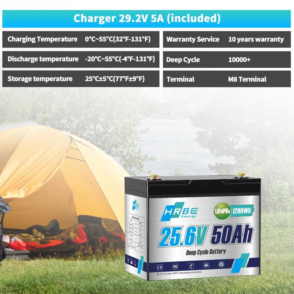 HRBEEnergy 24V 50Ah LiFePO4 Lithium Battery with 1C Max Continuous Discharge,Deep Cycle for High-Power Motors,Equipment&RV