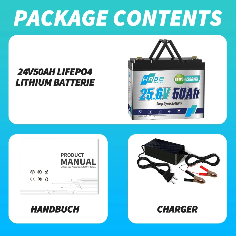 HRBEEnergy 24V 50Ah LiFePO4 Lithium Battery with 1C Max Continuous Discharge,Deep Cycle for High-Power Motors,Equipment&RV