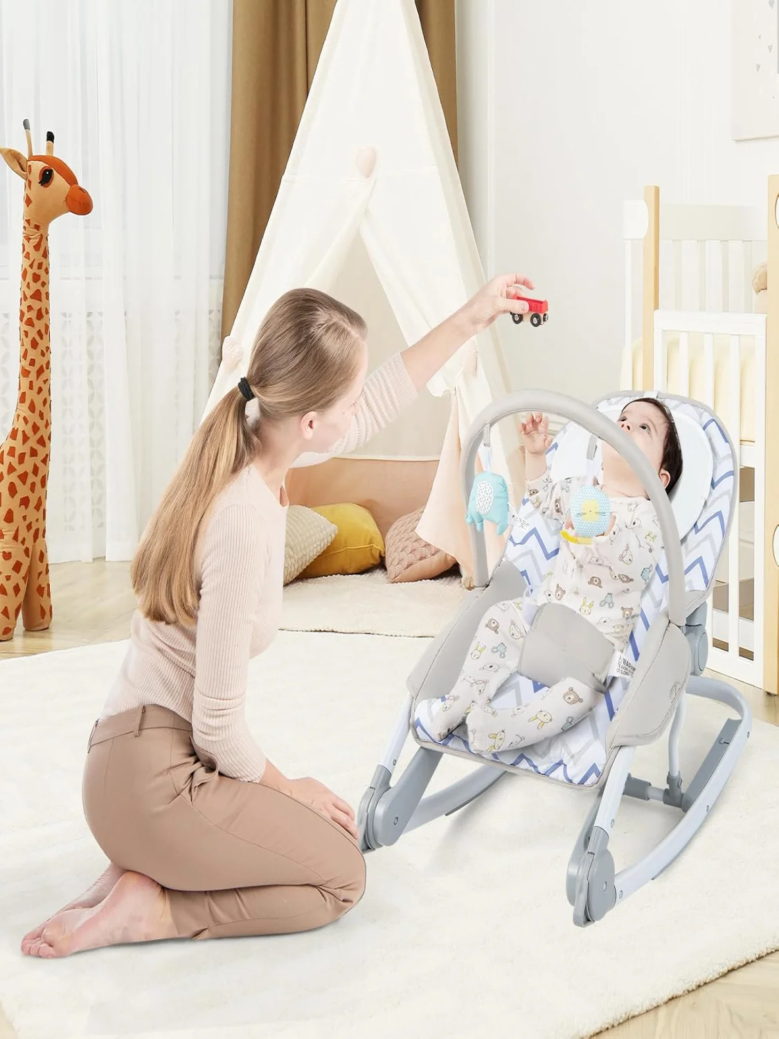 2-in-1 Folding Baby Rocker, Portable Baby Swing with 3-Level Adjustable Backrest & Removable Play Arch, with Safety Belt