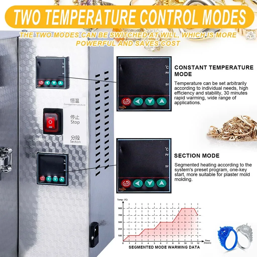 2-in-1 High Temp Jewelry Casting Furnace Oven Machine for Mold Burnout with Precise Digital Thermostat
