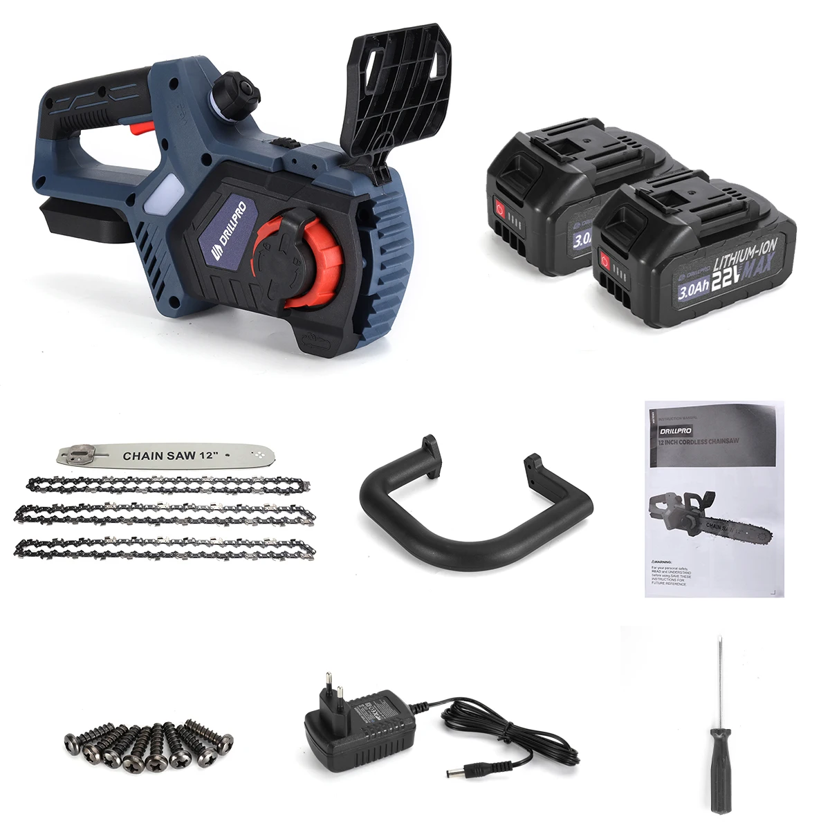 Drillpro 12 Inch 3300r/min Cordless Brushless Motor 3.0Ah Lithium Battery Electric Chainsaw Suitable for Mak 22V Batteries