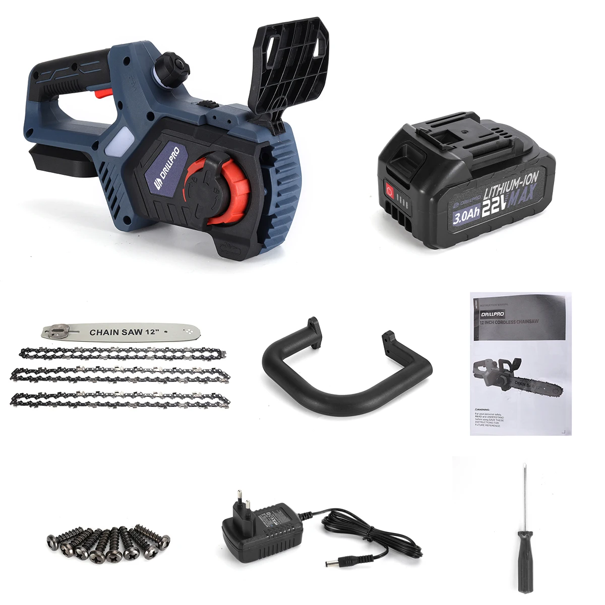 Drillpro 12 Inch 3300r/min Cordless Brushless Motor 3.0Ah Lithium Battery Electric Chainsaw Suitable for Mak 22V Batteries