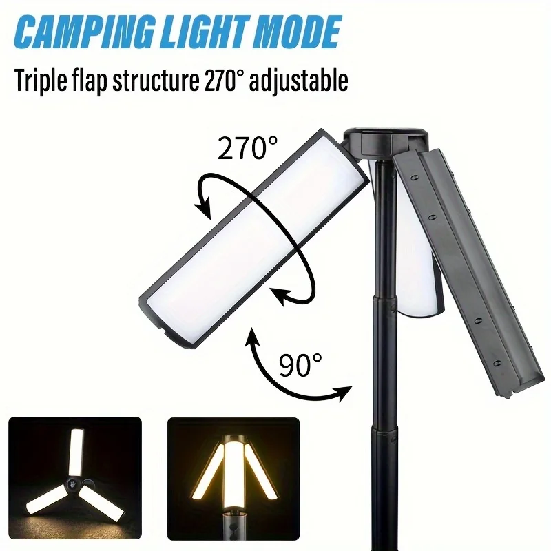 Portable LED Camping Lantern Telescopic Tripod Light 3 Panels Adjustable Brightness USB Rechargeable Outdoor Tent Light with Hanging Hook for Camping Hiking Emergency