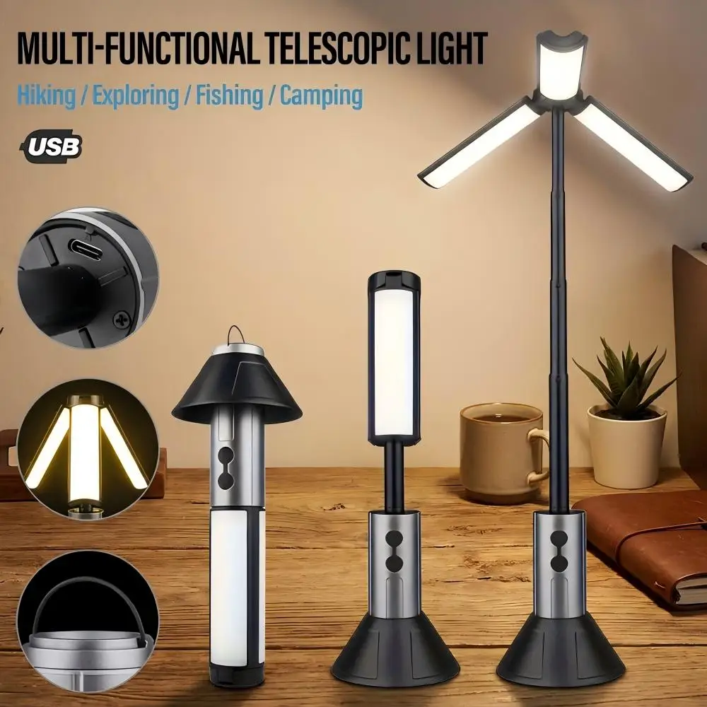 Portable LED Camping Lantern Telescopic Tripod Light 3 Panels Adjustable Brightness USB Rechargeable Outdoor Tent Light with Hanging Hook for Camping Hiking Emergency