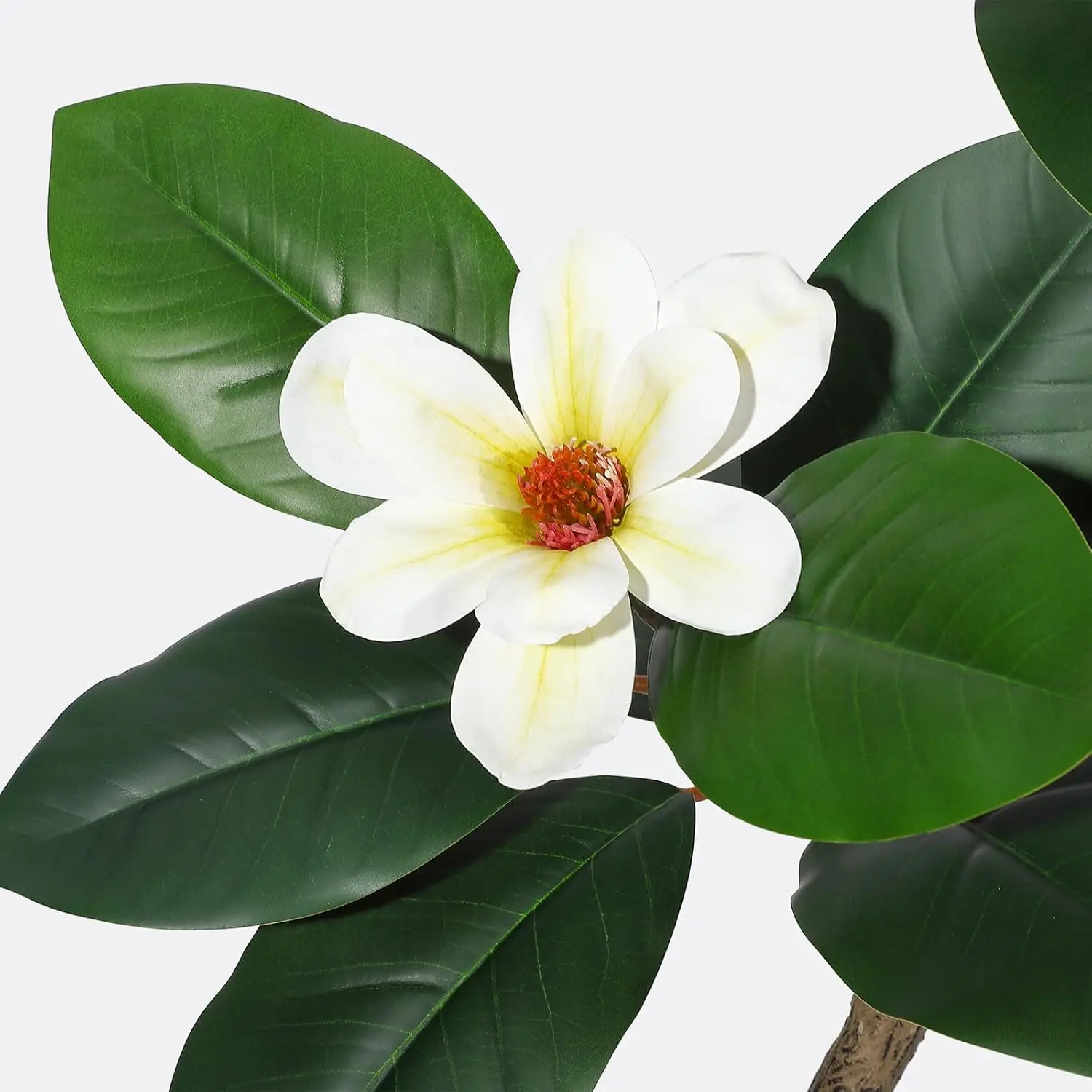 S-Shape Artificial Rubber Tree with White Planter Faux Plants Indoor Floor Artificial Trees with Magnolia Flowers for Home Decor