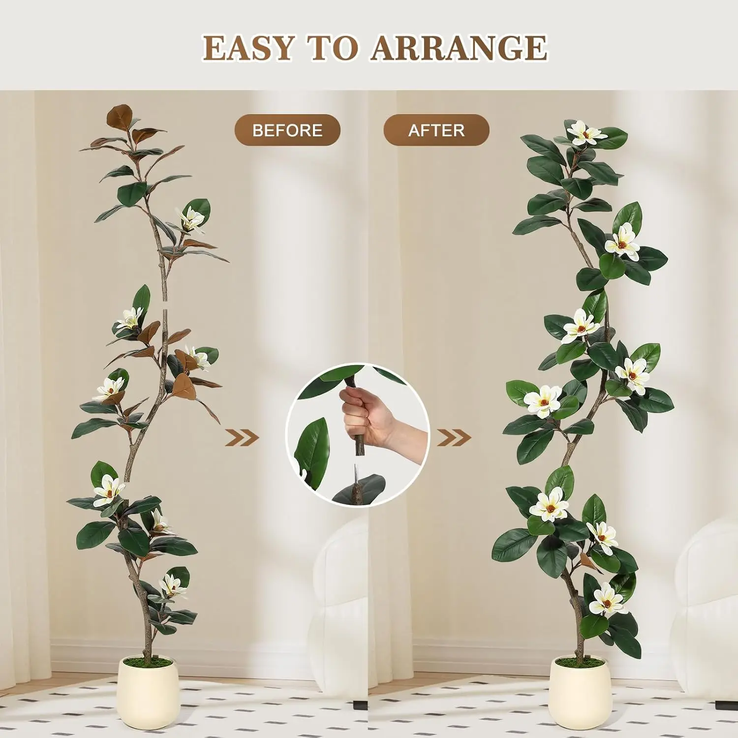 S-Shape Artificial Rubber Tree with White Planter Faux Plants Indoor Floor Artificial Trees with Magnolia Flowers for Home Decor