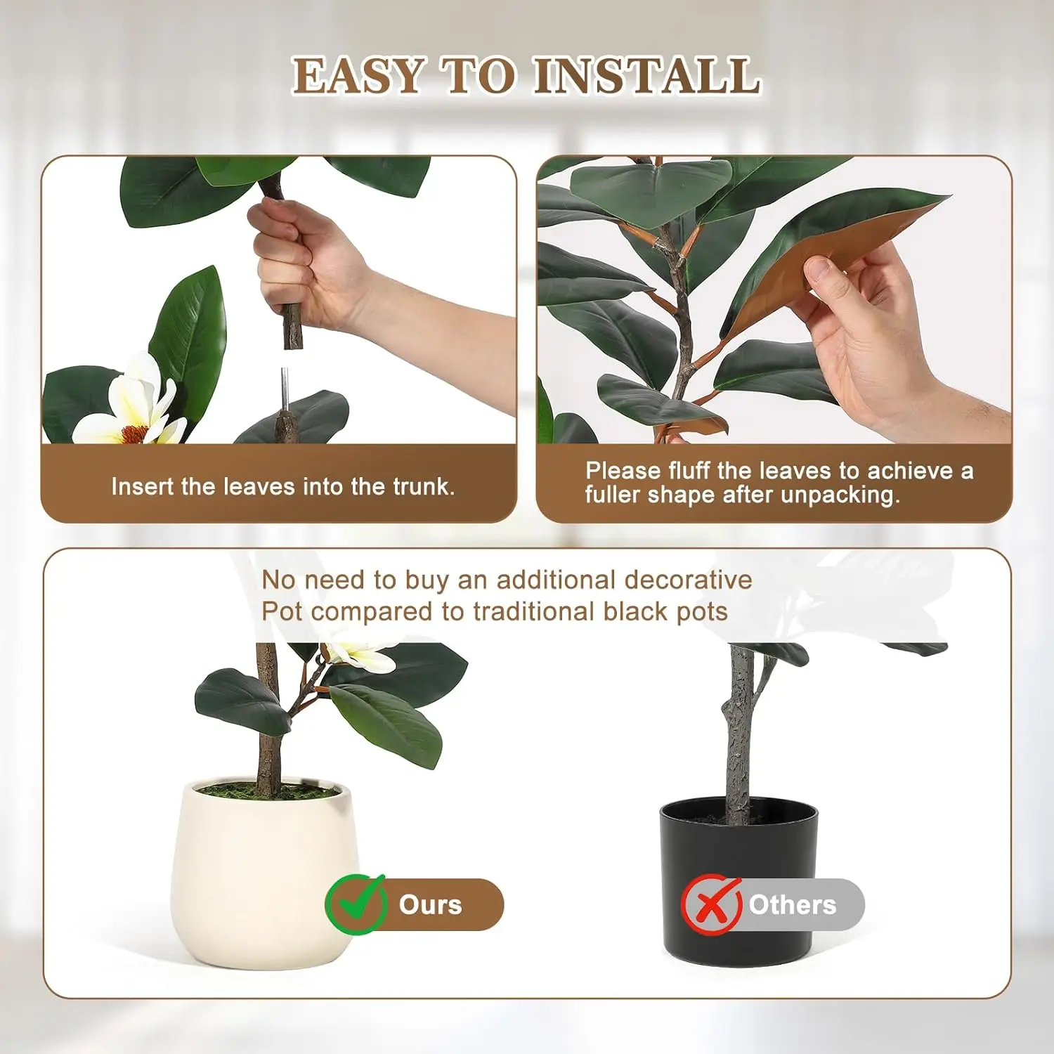 S-Shape Artificial Rubber Tree with White Planter Faux Plants Indoor Floor Artificial Trees with Magnolia Flowers for Home Decor