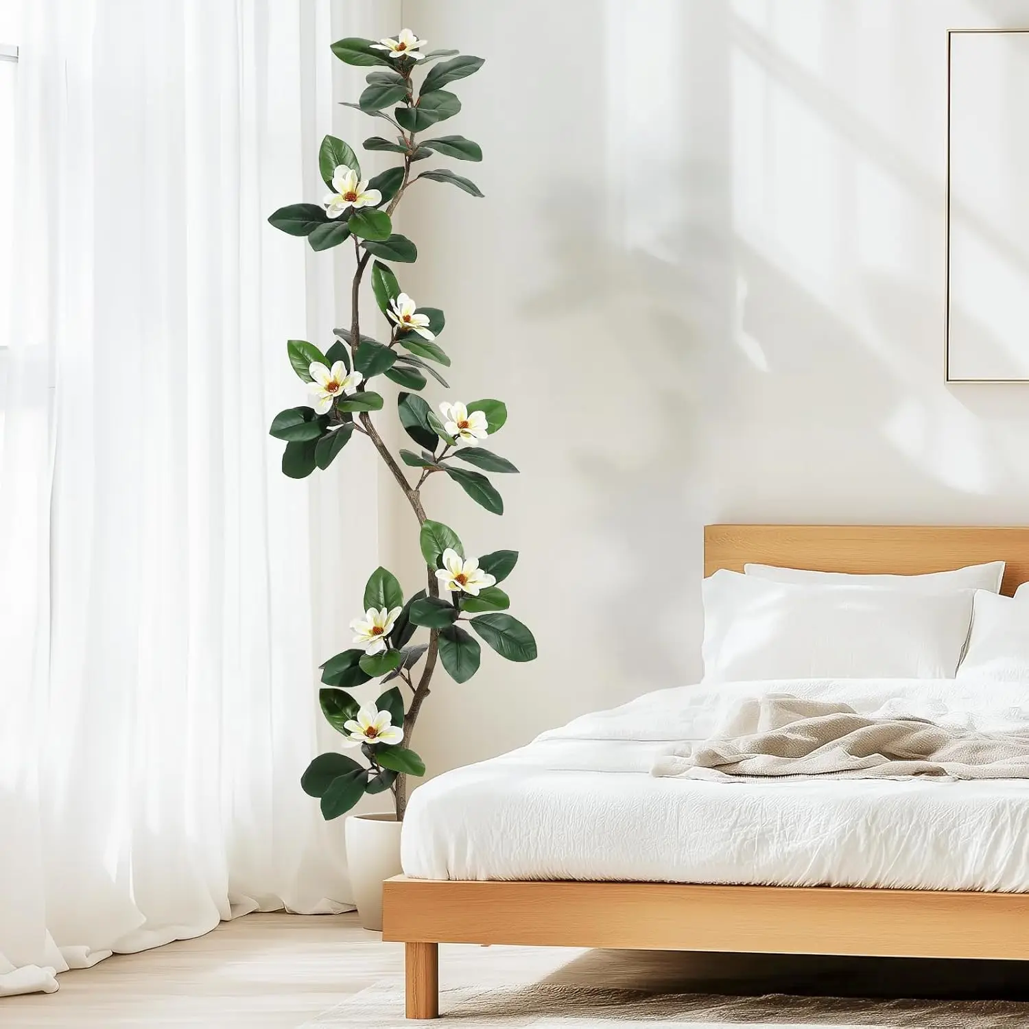 S-Shape Artificial Rubber Tree with White Planter Faux Plants Indoor Floor Artificial Trees with Magnolia Flowers for Home Decor