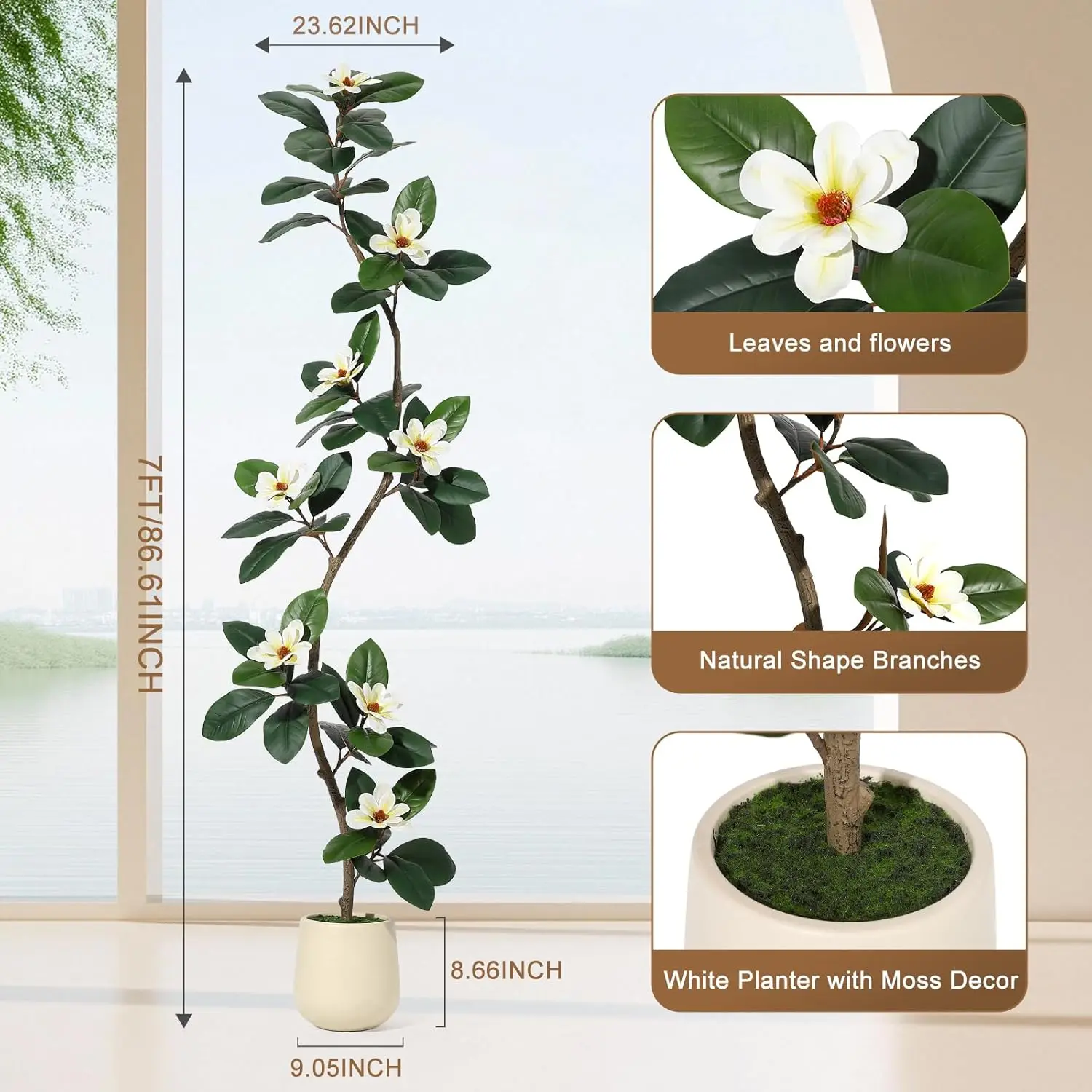 S-Shape Artificial Rubber Tree with White Planter Faux Plants Indoor Floor Artificial Trees with Magnolia Flowers for Home Decor