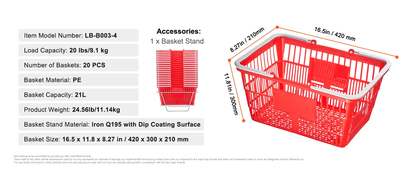 SucceBuy 20pcs Shopping Basket 21L Plastic Grocery Basket with Handle Portable Shop Bulk Used for Retail Store Supermarket