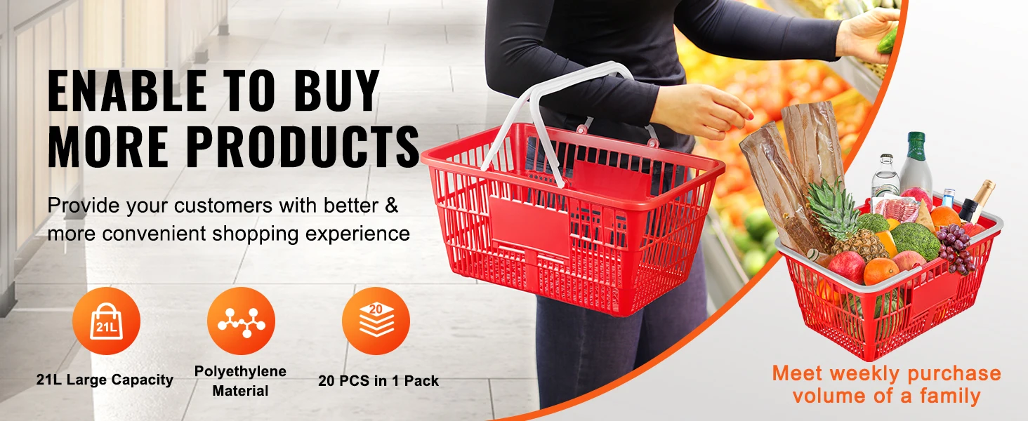 SucceBuy 20pcs Shopping Basket 21L Plastic Grocery Basket with Handle Portable Shop Bulk Used for Retail Store Supermarket