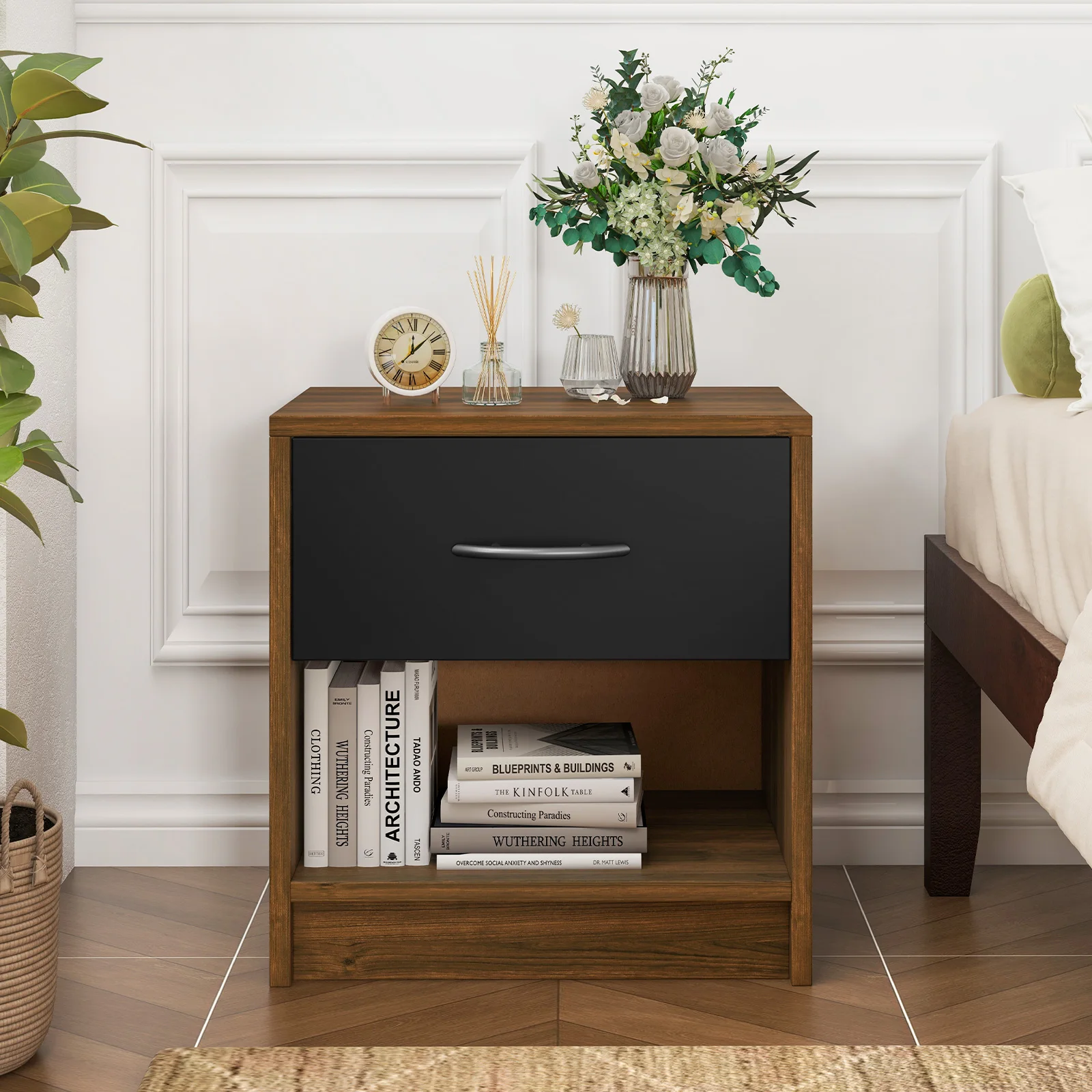 Bedside table with drawer, Small side table table with open compartment, sofa table, night chest of drawers, night console for bedroom