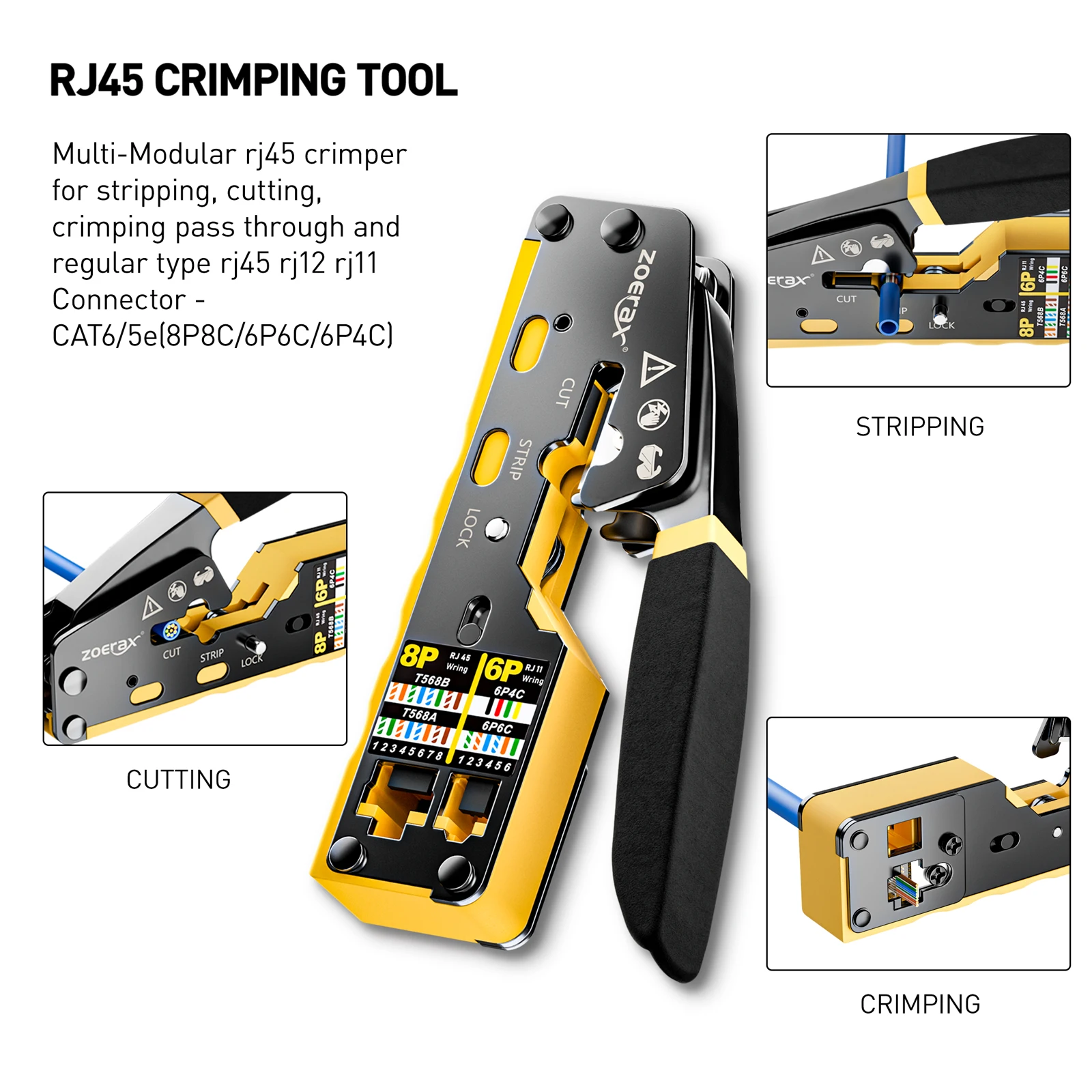 ZoeRax 8 in 1 RJ45 Cat6 Cat5e Crimp Tool Kit,Crimper tool,Cable Tester,Wire Cutter,Blades,50Pcs Cat6 Connectors and Boots