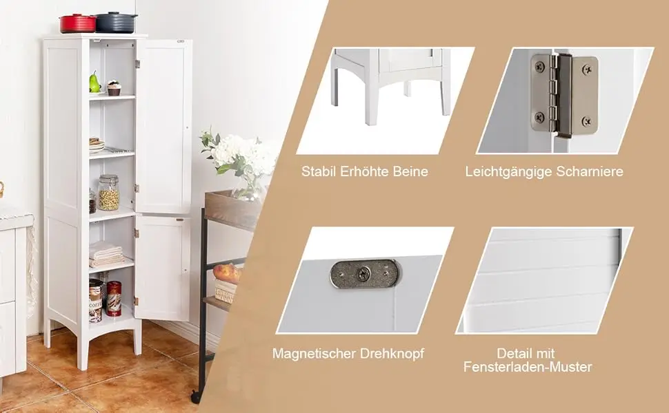 5-storey bathroom wardrobe narrow freestanding high wardrobe with 2 slat door, shelves & tilting fuse, Bath wardrobe