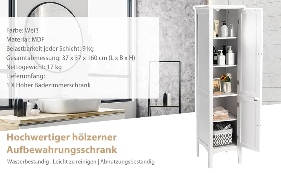 5-storey bathroom wardrobe narrow freestanding high wardrobe with 2 slat door, shelves & tilting fuse, Bath wardrobe