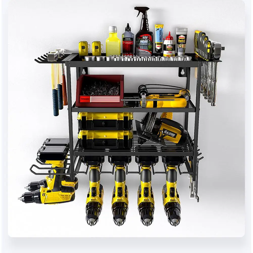 4 Layers Metal Wall-Mount Organizer for Power Tools Heavy Duty Metal Drill Rack with Strong Bearing Capacity for Garage Storage