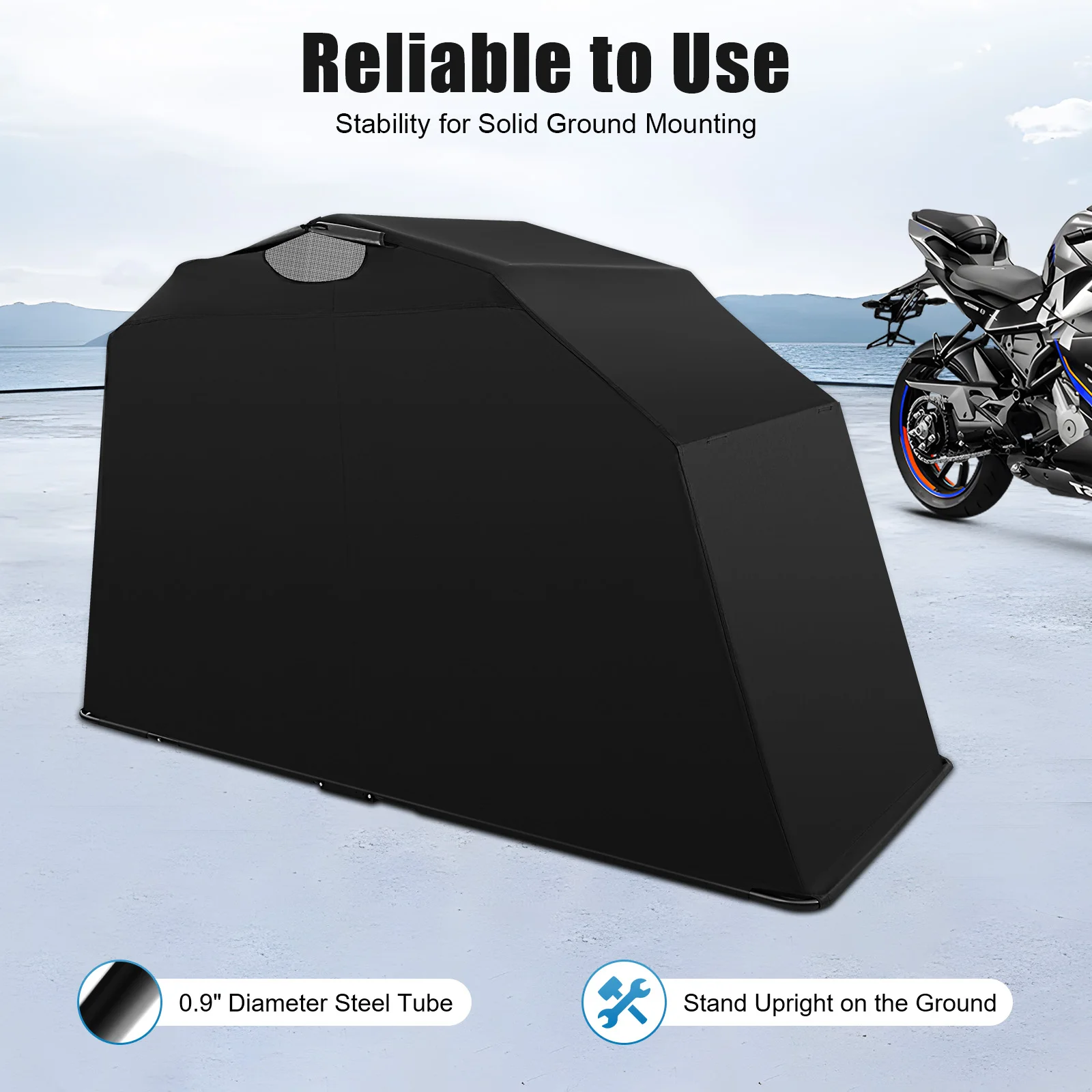 Foldable 600D Oxford Fabric Motorbike Tent Waterproof Motorcycle Cover with Carry Bag for Motorbikes Black