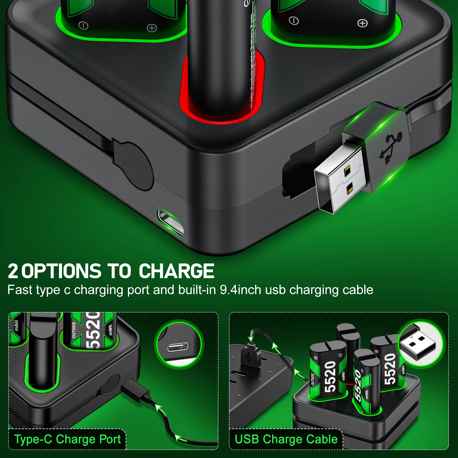 Rechargeable Xbox One Controller Battery Pack with 4x5520mWh for Xbox Series X|S,Battery Charger Station for Xbox One S/X/Elite