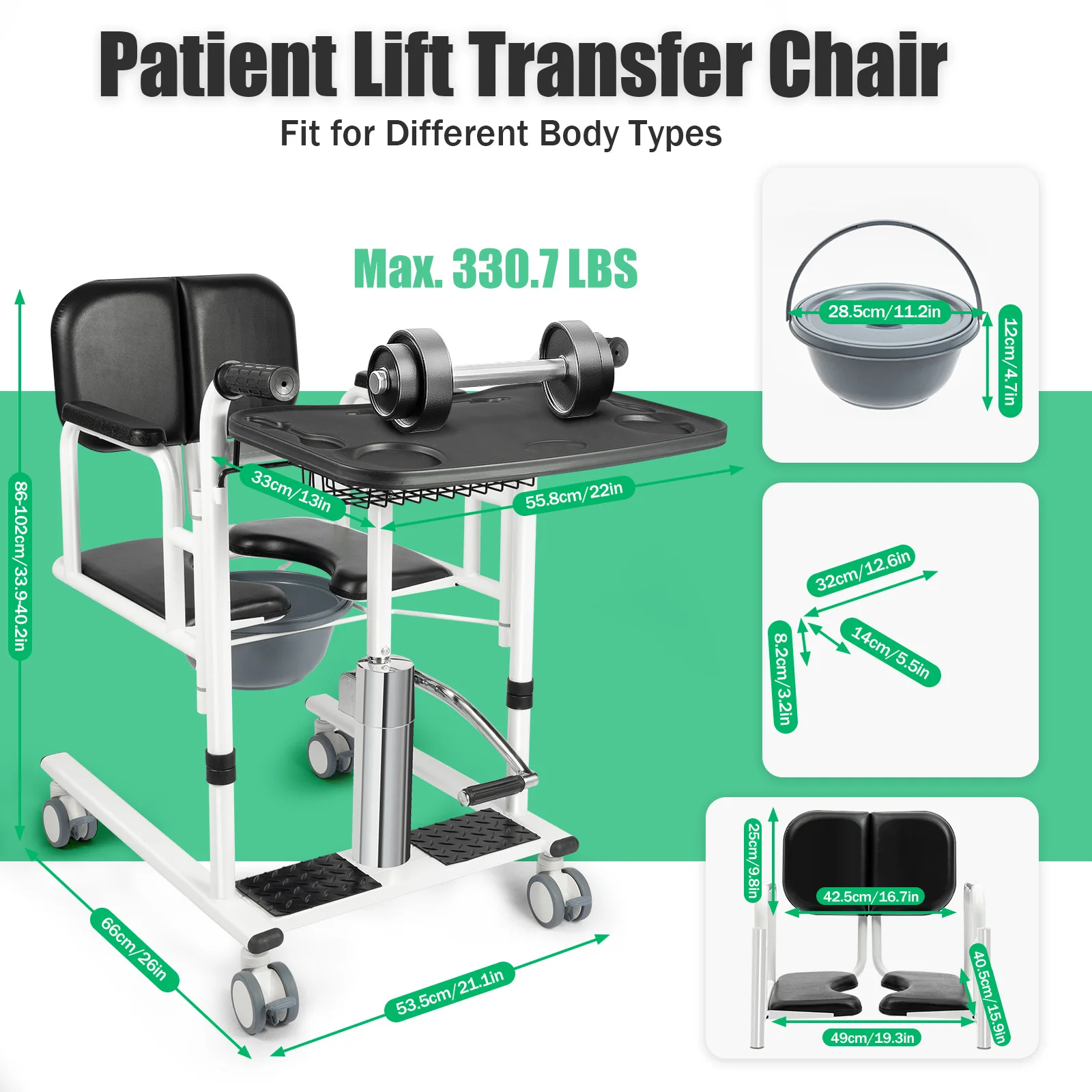 Adjustable Height Patient Lift Transfer Chair with Portable Potty, Multi-functional Hydraulic Lift Shift Cart with 4 Wheels