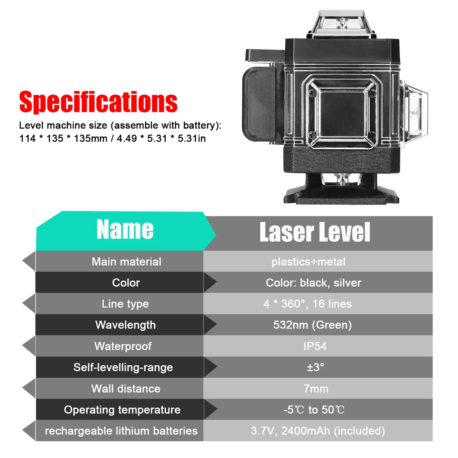 4D 16 Lines Laser Level 3° Self-leveling Level Machine Rechargeable 2 Lithium Battery Laser Leveling Tool with Tripod Stand