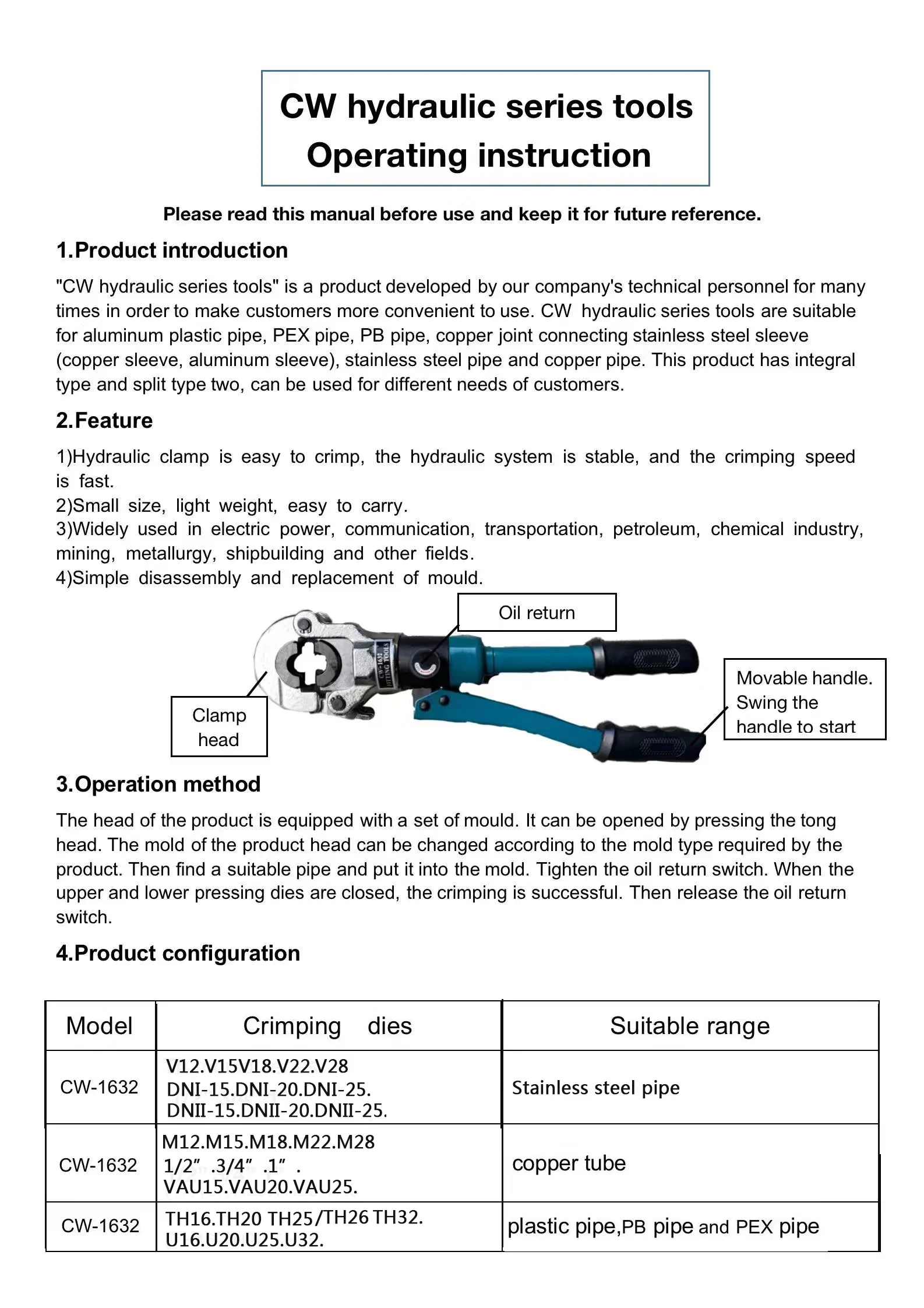 8-Ton Hydraulic Crimping Tool Set 16/20/25/32mm Hydraulic Mechanical Pipe Press Plier for Crimping Aluminum-plastic/PEX/PB Pipes