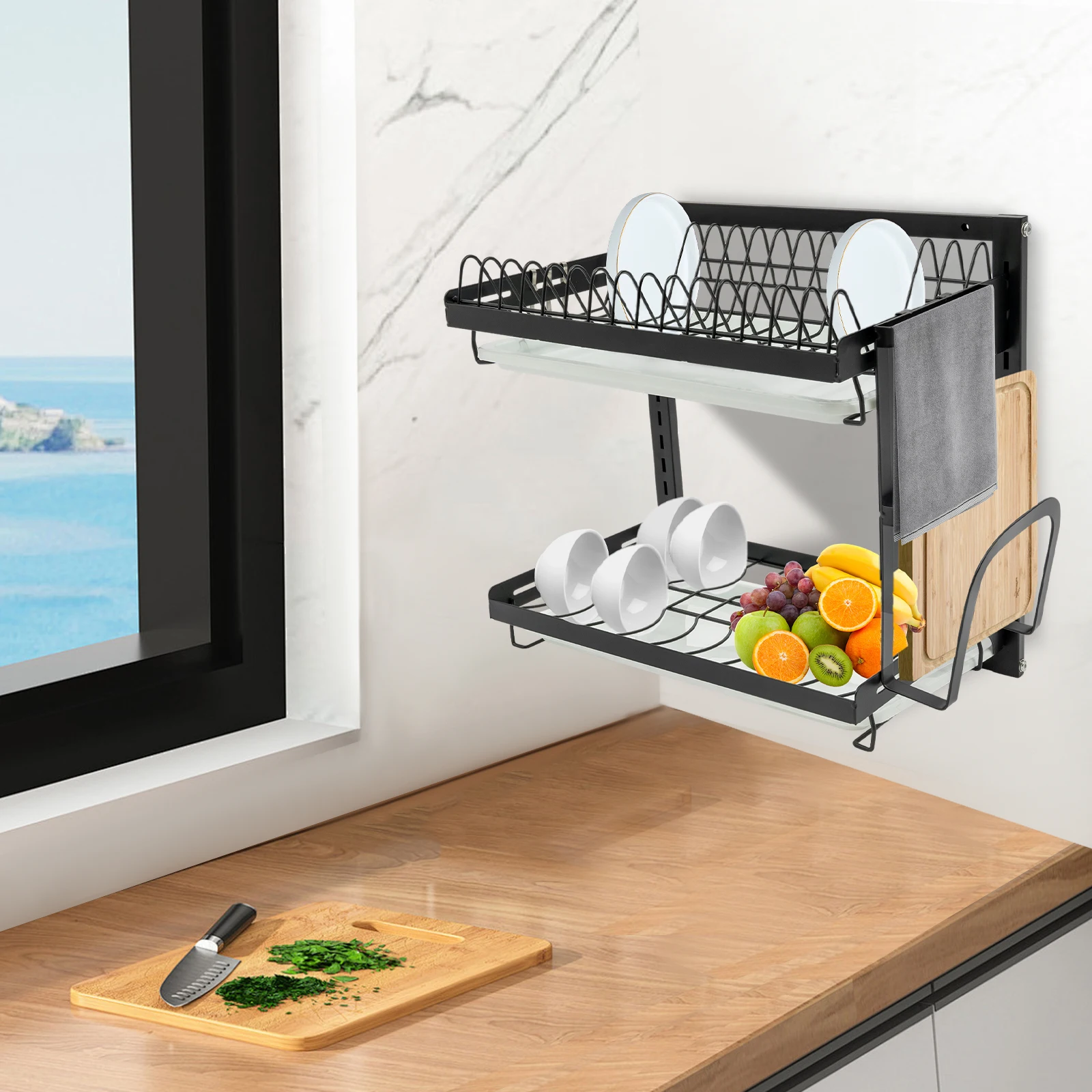 Dish Drainer High-Quality Kitchen Organizer Large Capacity 2-Tier Dish Rack for Homes//Bars/Coffee Shops/Bakeries/Milk Tea Shops