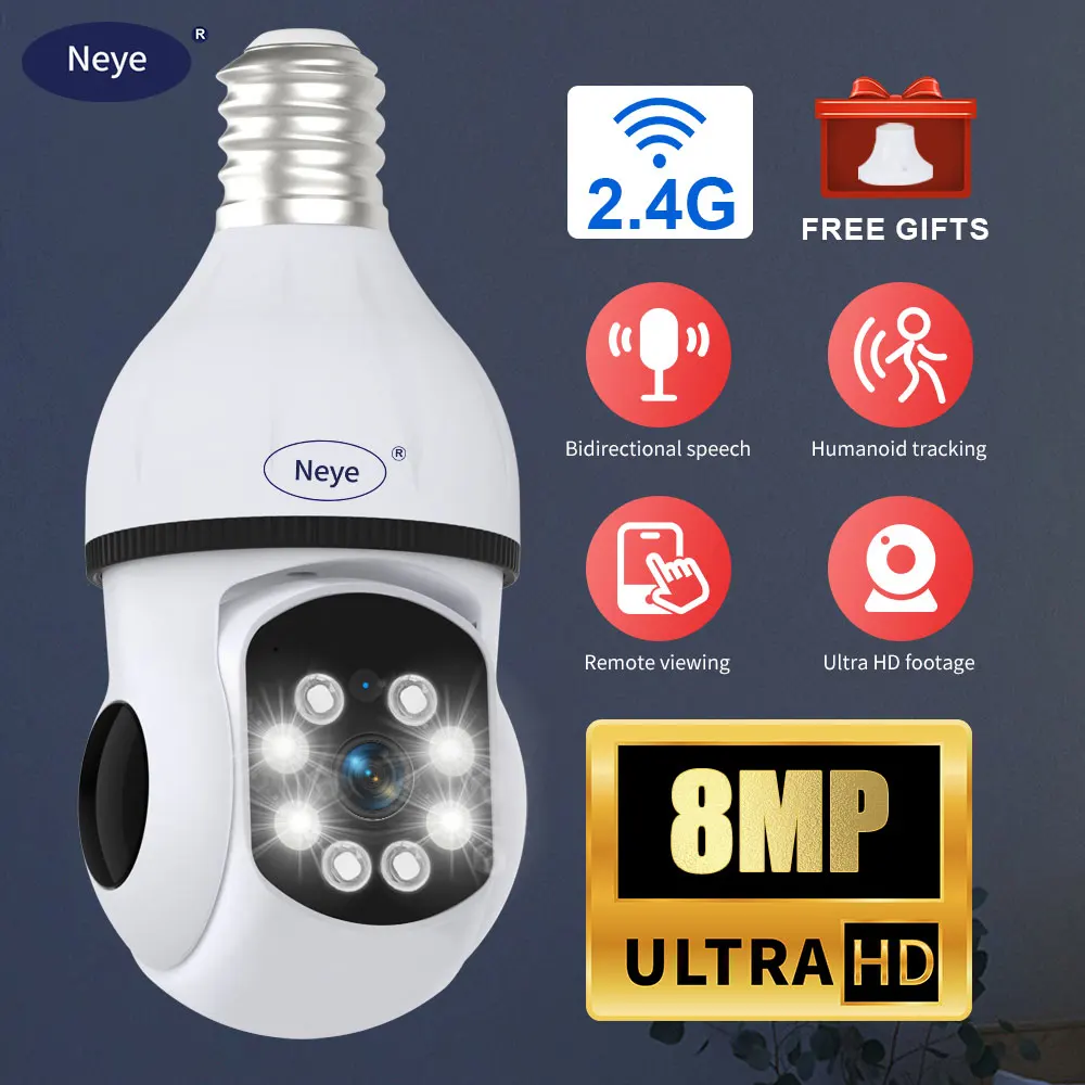 Neye 4K 8MP WiFi Security Camera Spotlight E27 Bulb Camera Home Indoor Baby Monitor 360 ° Pan Tilt Panoramic IP Camera