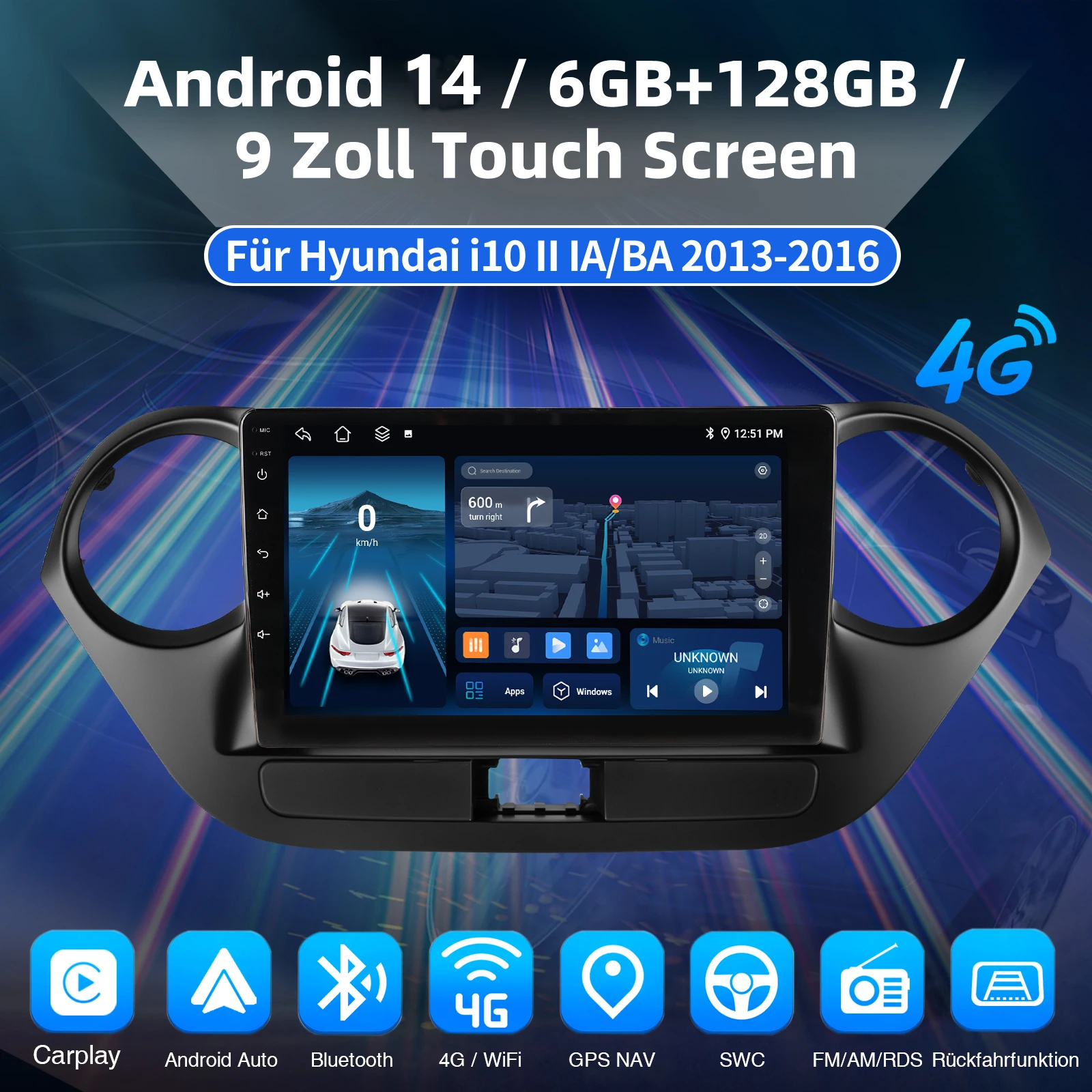 ESSGOO 8Core 128G 9" For Hyundai i10 II IA/BA 13-16 Android 14 Car Radio CarPlay Android Auto GPS Navi4G Wifi FM RDS BT DSP 2DIN