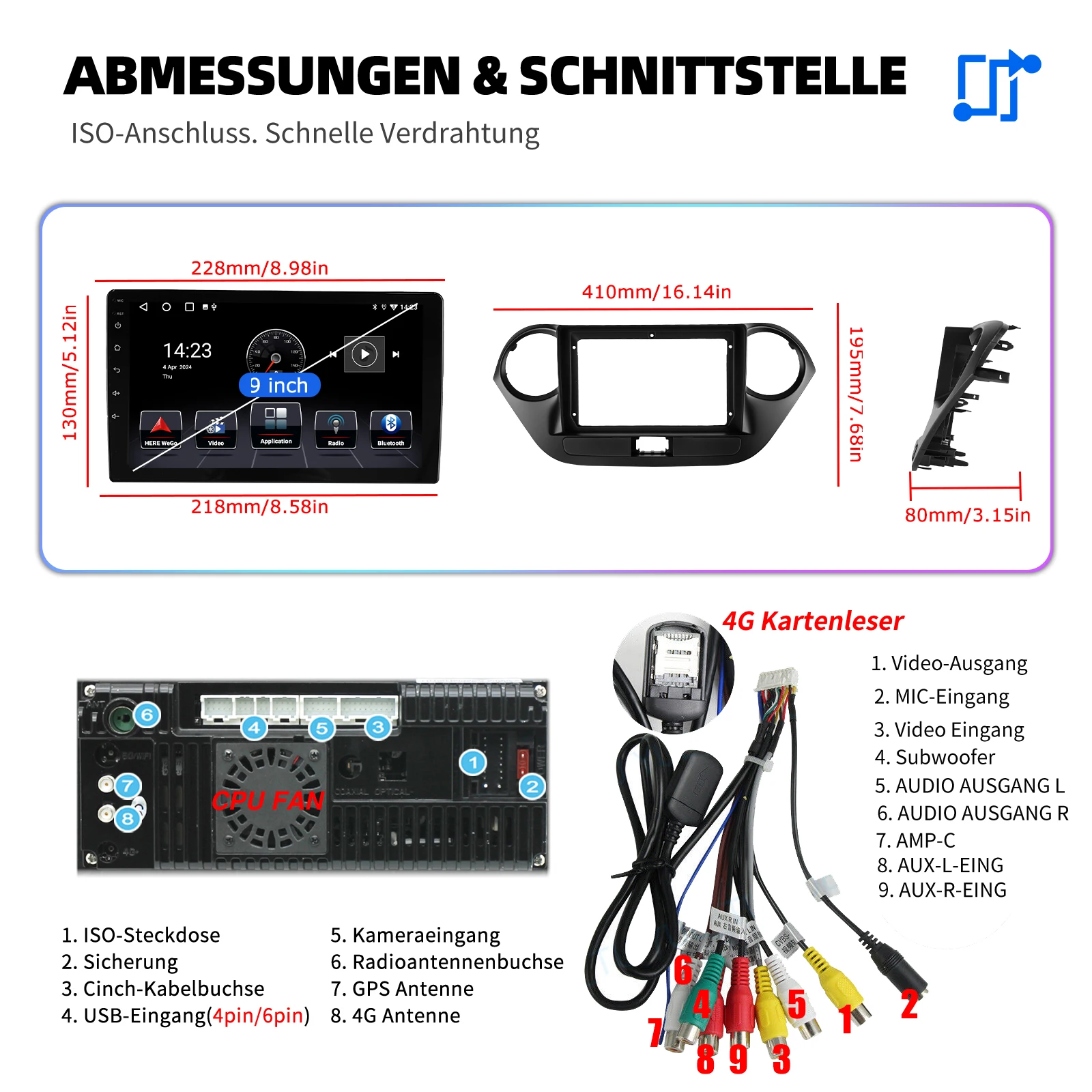ESSGOO 8Core 128G 9" For Hyundai i10 II IA/BA 13-16 Android 14 Car Radio CarPlay Android Auto GPS Navi4G Wifi FM RDS BT DSP 2DIN