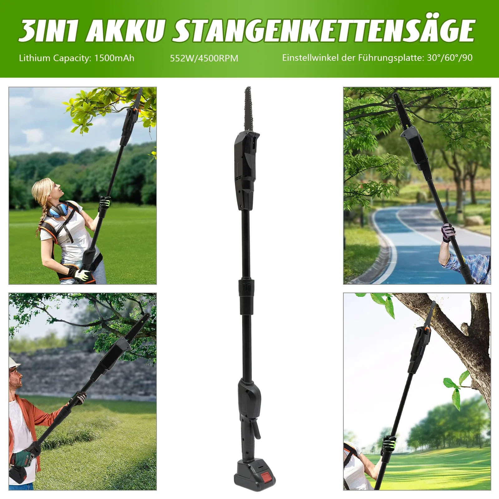1500mAh 552W Cordless Pole Saw 4.1ft Adjustable 66ft/s Chain Speed Safety Lock for Garden Tree Pruning