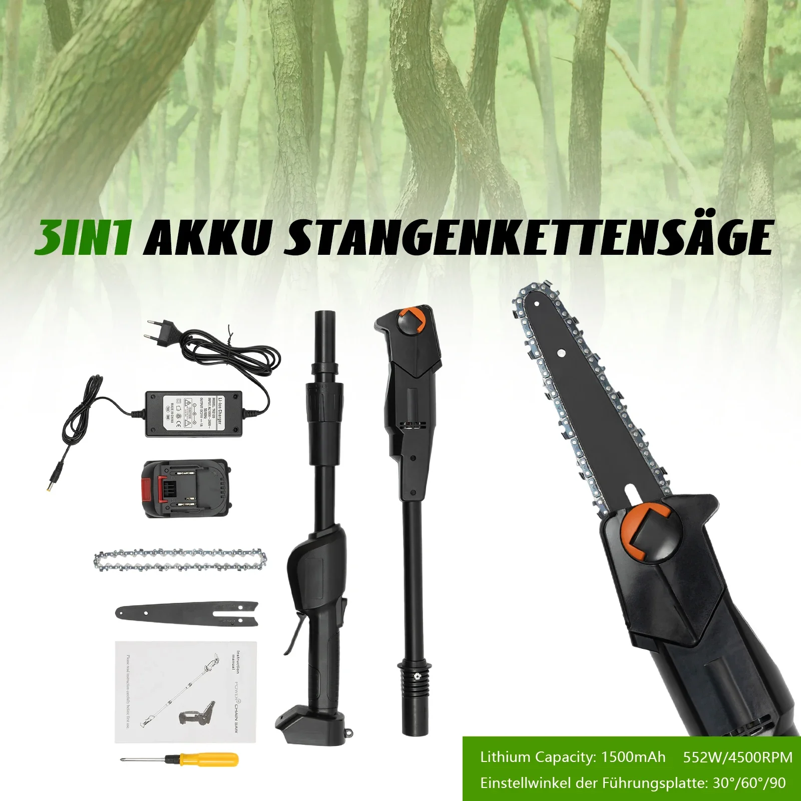 1500mAh 552W Cordless Pole Saw 4.1ft Adjustable 66ft/s Chain Speed Safety Lock for Garden Tree Pruning