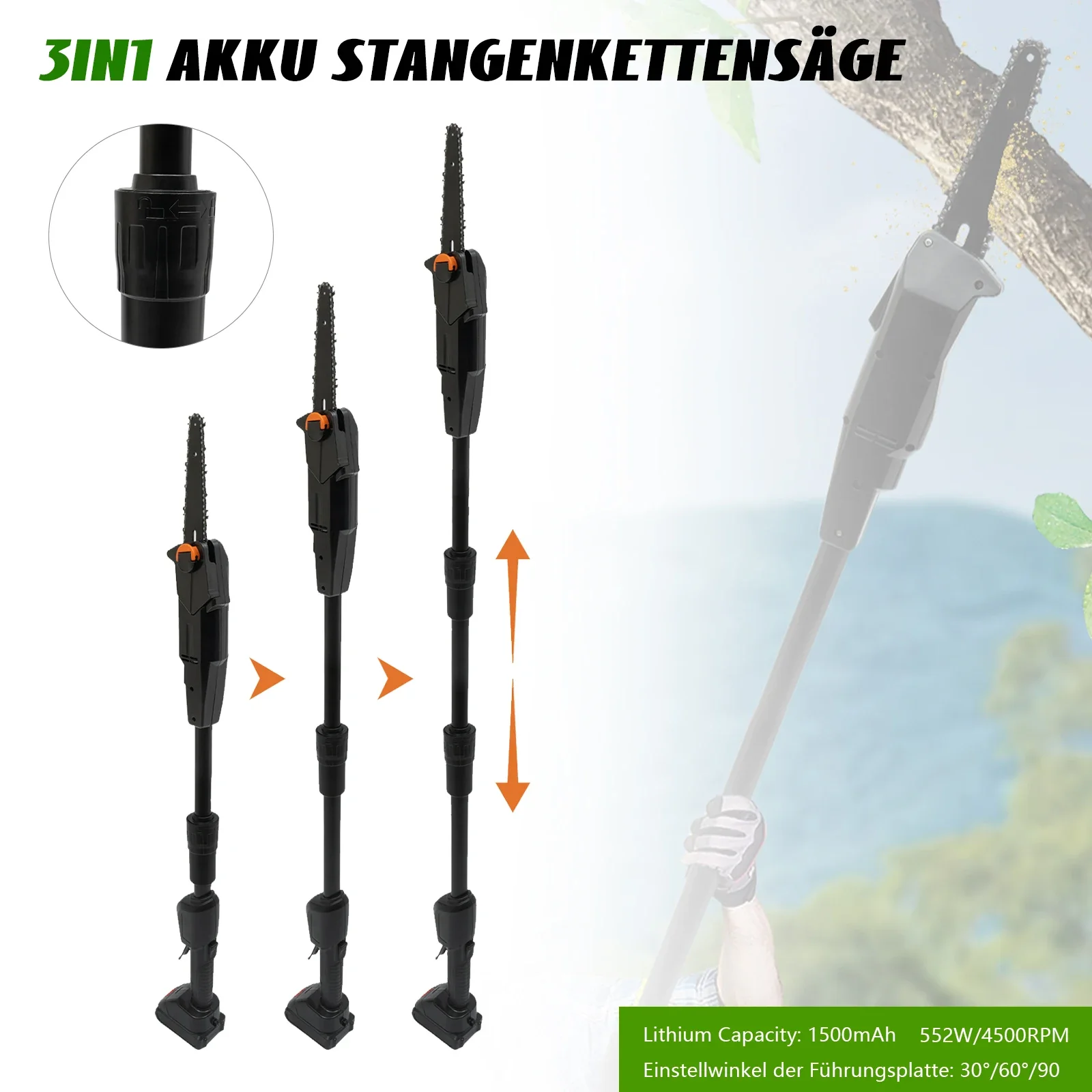 1500mAh 552W Cordless Pole Saw 4.1ft Adjustable 66ft/s Chain Speed Safety Lock for Garden Tree Pruning
