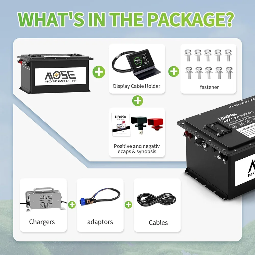MOSEWORTH 48V 105Ah Golf Cart Lithium Battery Built-in 200A BMS with Touch Monitor and Charger APP Supported MAX 10.24 kW