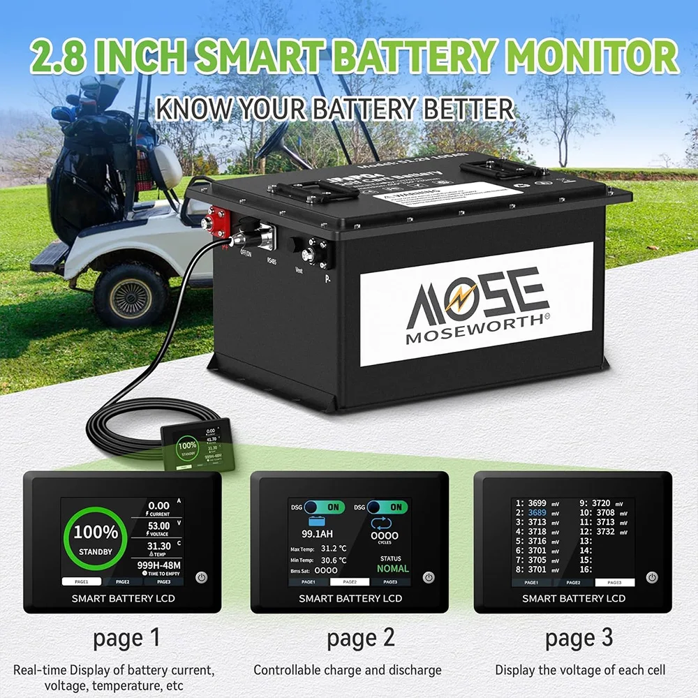 MOSEWORTH 48V 105Ah Golf Cart Lithium Battery Built-in 200A BMS with Touch Monitor and Charger APP Supported MAX 10.24 kW