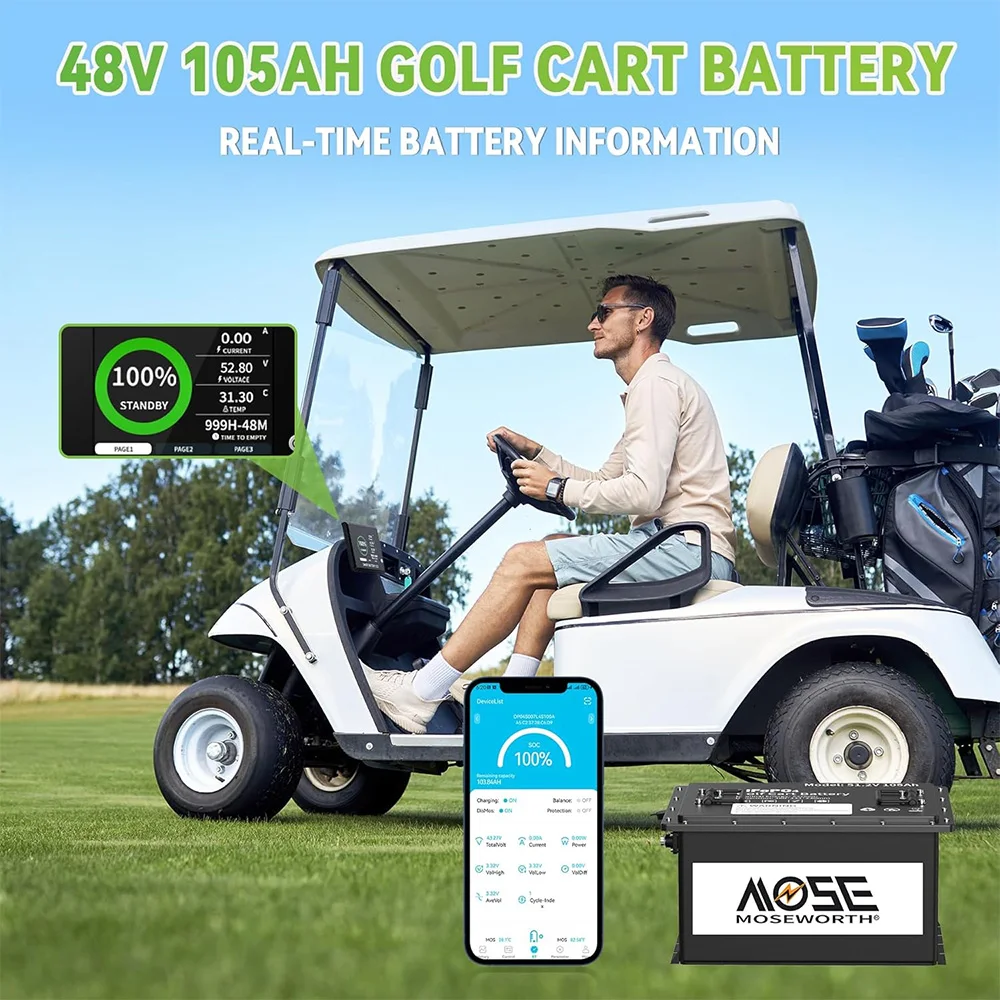 MOSEWORTH 48V 105Ah Golf Cart Lithium Battery Built-in 200A BMS with Touch Monitor and Charger APP Supported MAX 10.24 kW