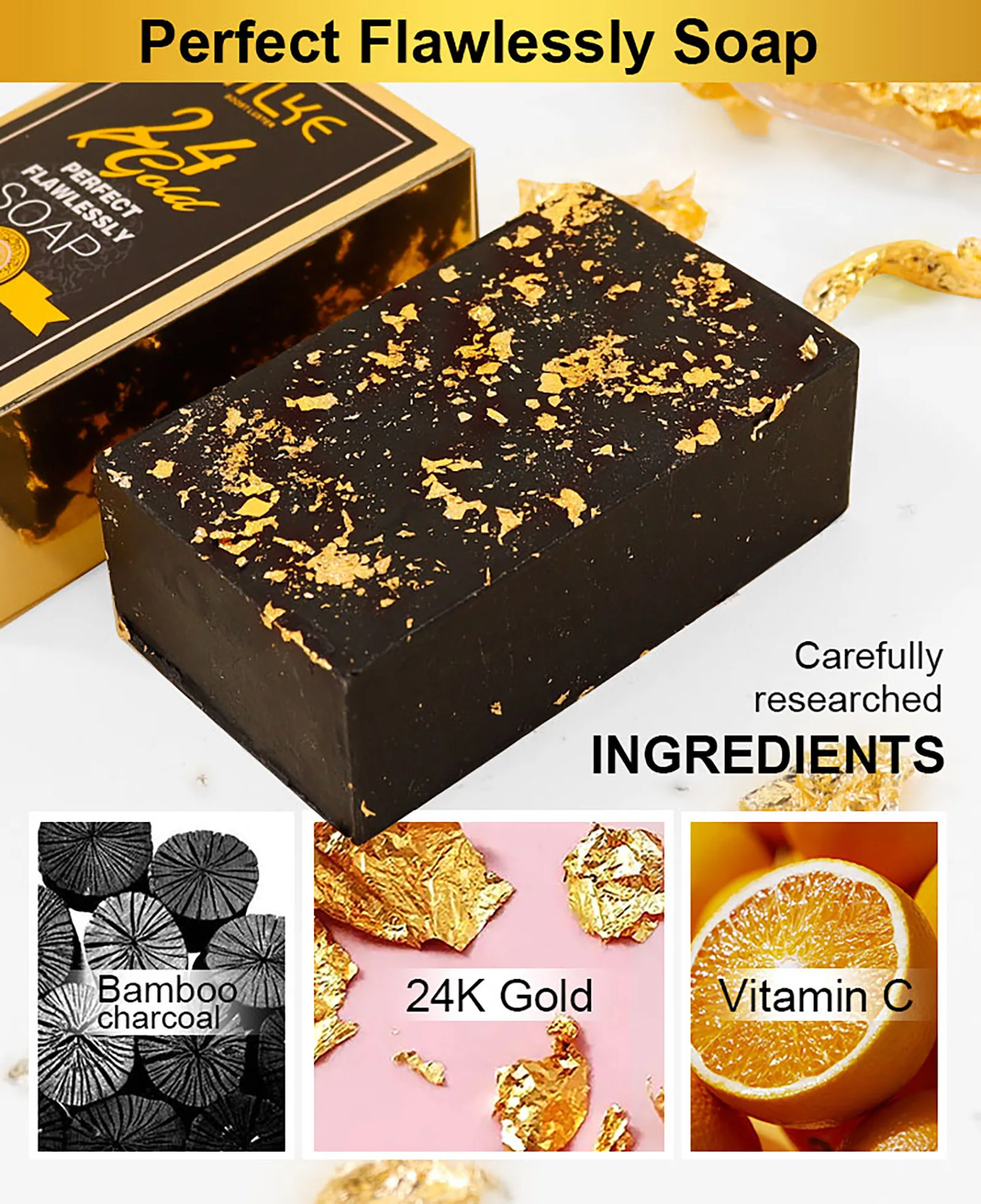 AILKE 24K Glod Flawlessly Soap bar,Moisturizing, Lightening, Dark Spots Removal, Lighten, Even Skin Tone, Nourish Skin Care Kit