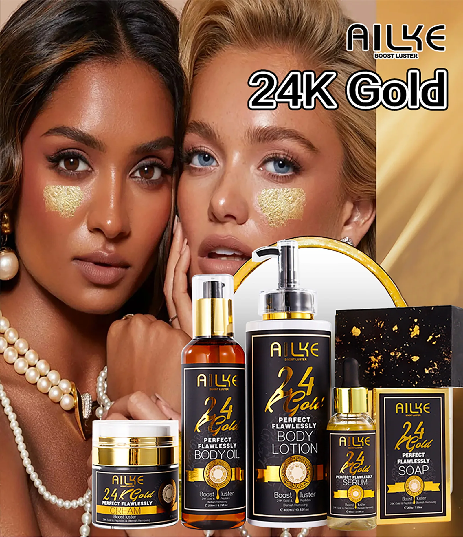 AILKE 24K Glod Flawlessly Soap bar,Moisturizing, Lightening, Dark Spots Removal, Lighten, Even Skin Tone, Nourish Skin Care Kit