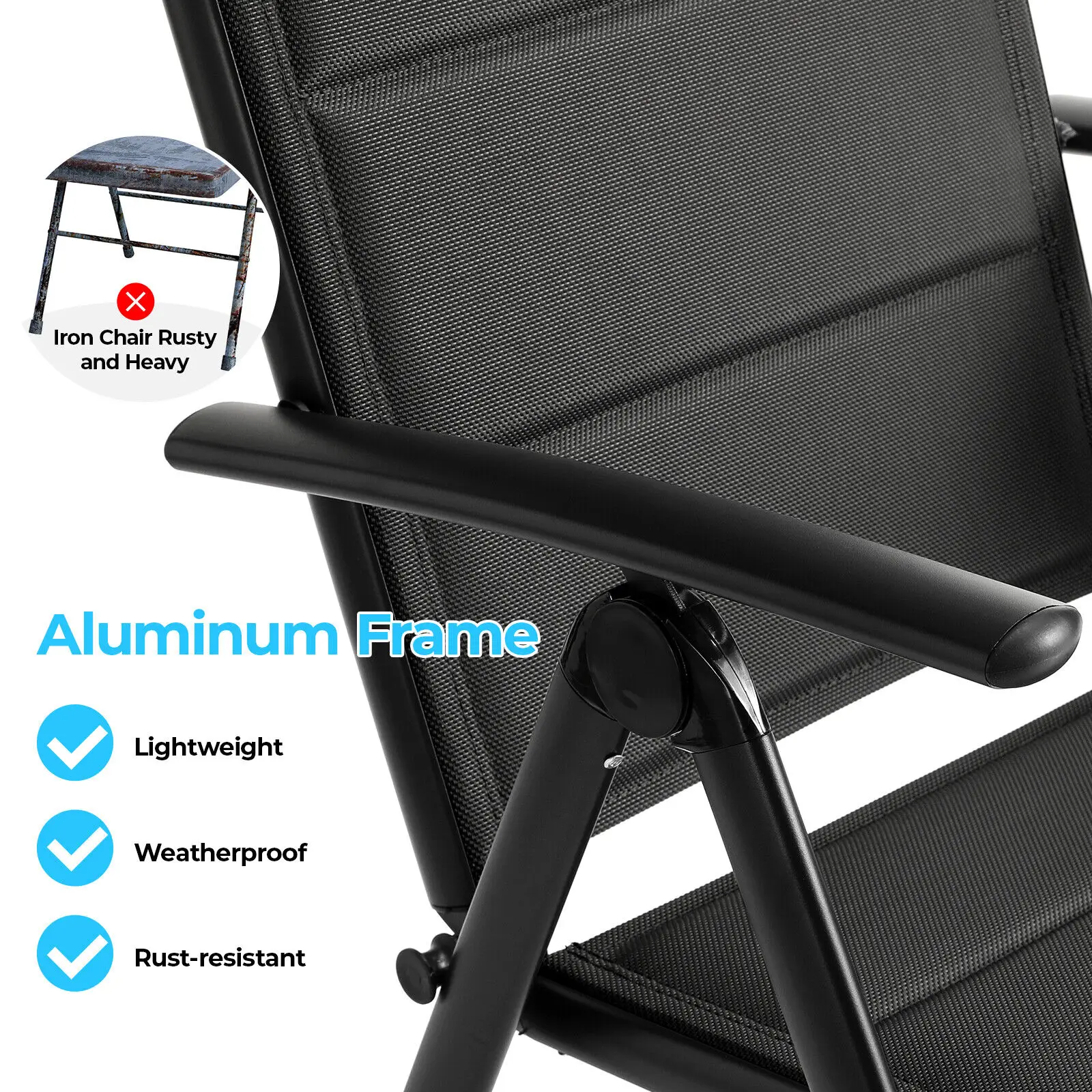 Aluminum Lounge Foldable Garden Chair Backrest w/ 7 Adjustable Settings, with Armrests, Weatherproof Outdoor Chairs Black,Gray
