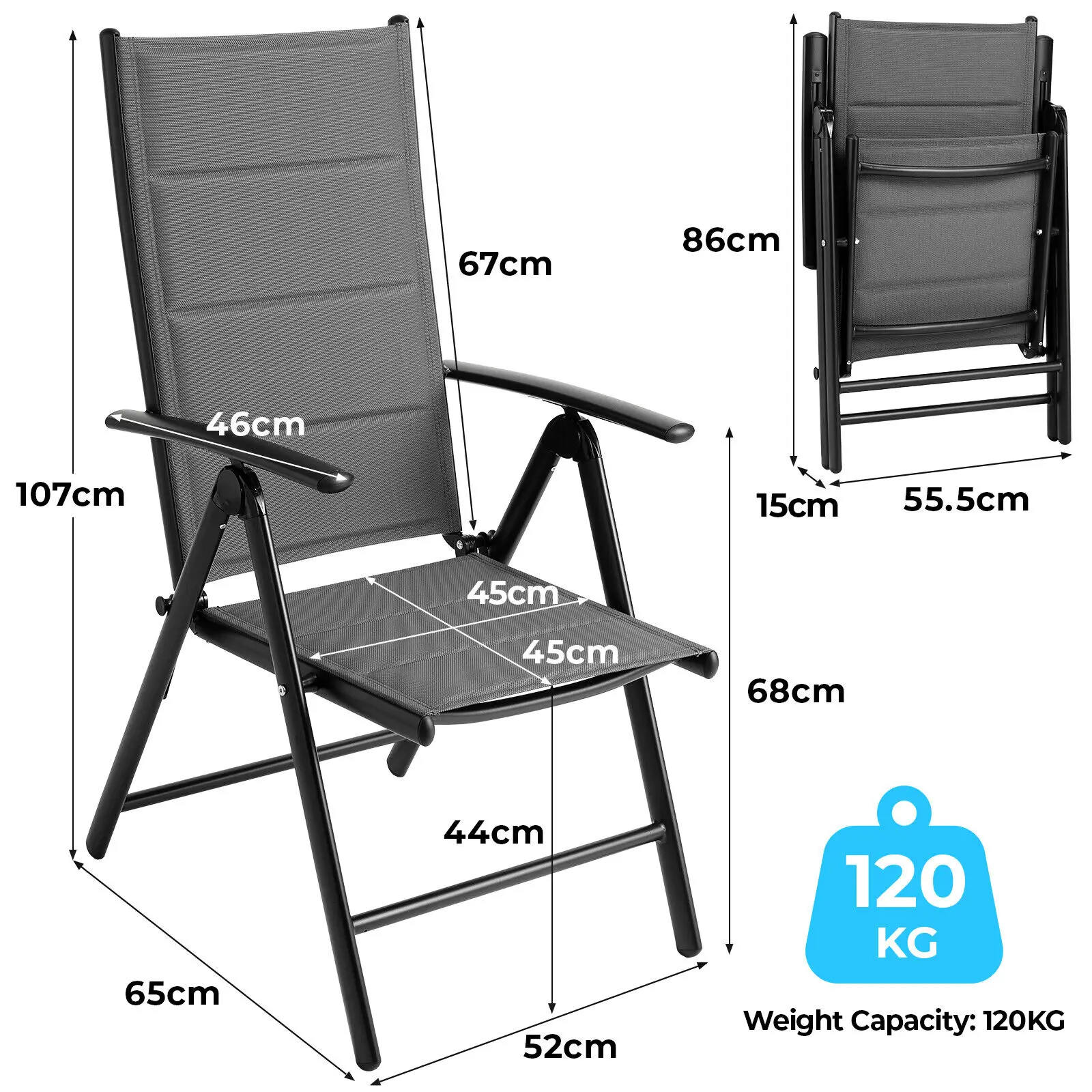 Aluminum Lounge Foldable Garden Chair Backrest w/ 7 Adjustable Settings, with Armrests, Weatherproof Outdoor Chairs Black,Gray