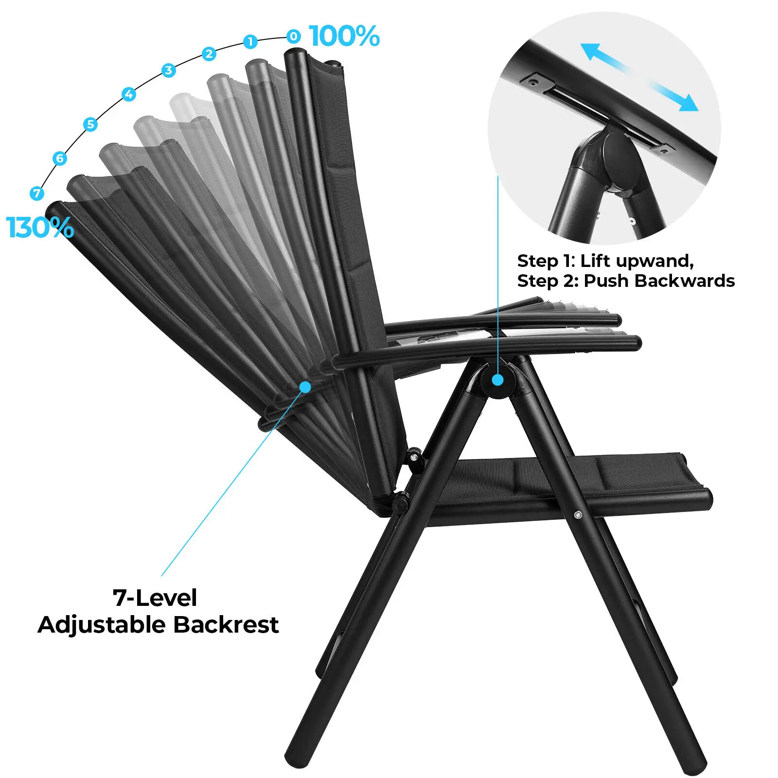 Aluminum Lounge Foldable Garden Chair Backrest w/ 7 Adjustable Settings, with Armrests, Weatherproof Outdoor Chairs Black,Gray