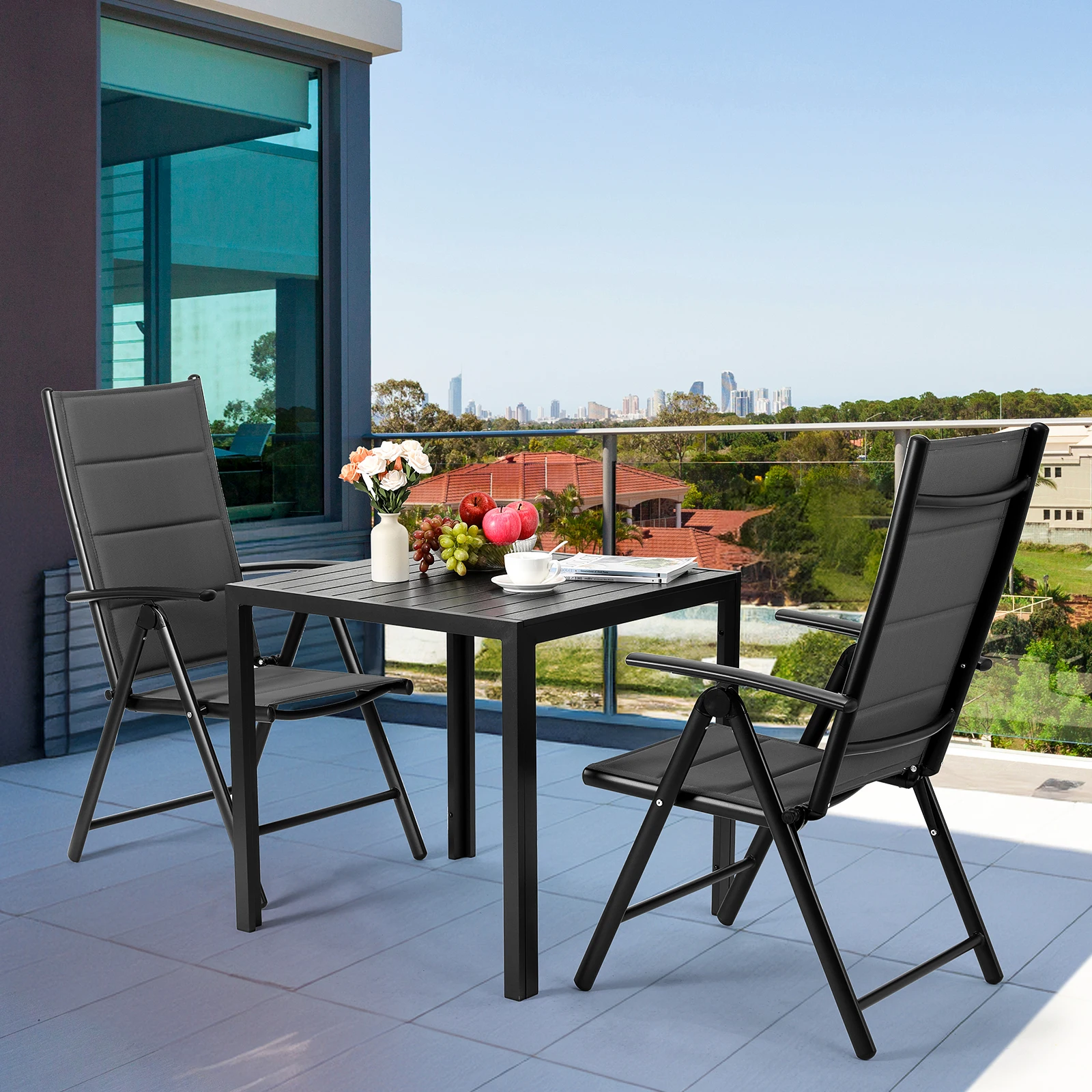 Aluminum Lounge Foldable Garden Chair Backrest w/ 7 Adjustable Settings, with Armrests, Weatherproof Outdoor Chairs Black,Gray