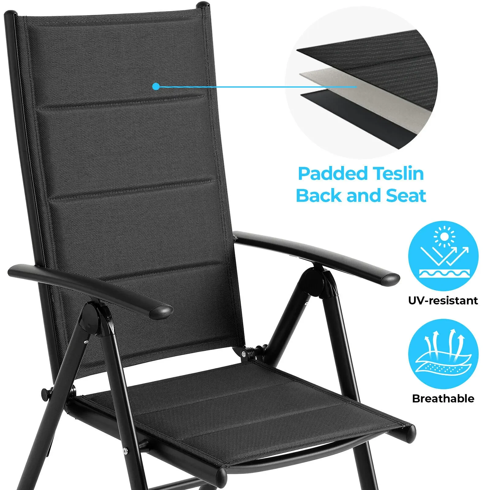 Aluminum Lounge Foldable Garden Chair Backrest w/ 7 Adjustable Settings, with Armrests, Weatherproof Outdoor Chairs Black,Gray