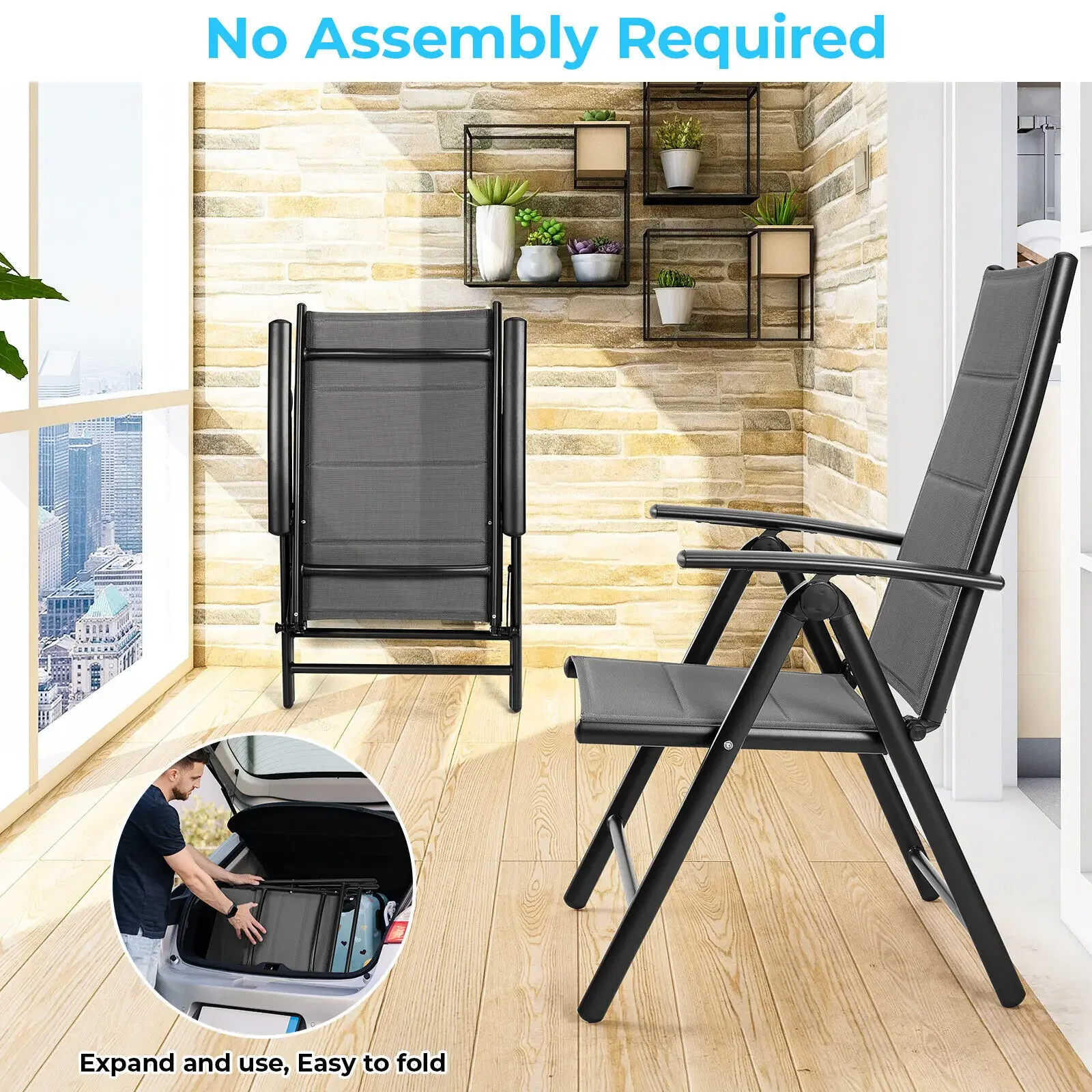 Aluminum Lounge Foldable Garden Chair Backrest w/ 7 Adjustable Settings, with Armrests, Weatherproof Outdoor Chairs Black,Gray